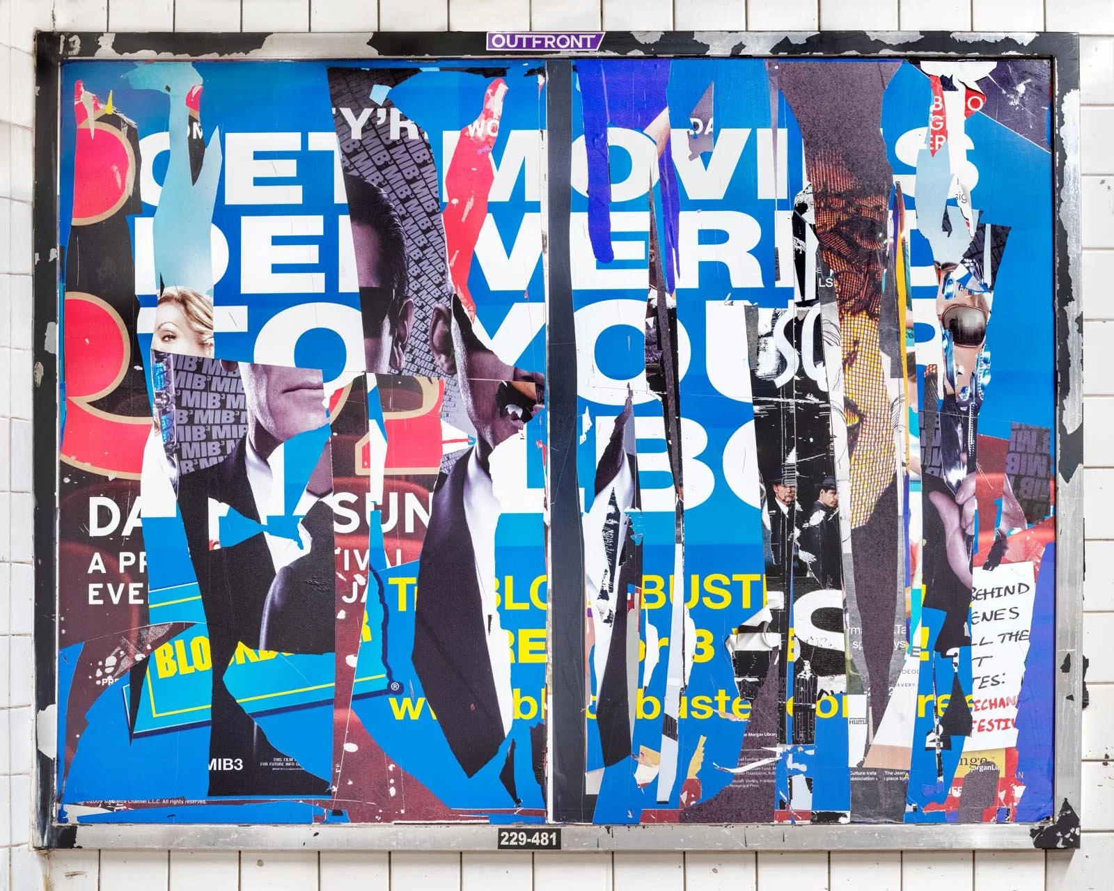 A photograph of a New York City subway advertising panel, containing posters torn by street artists and subway riders to create collage-like compositions.  Shot by Barton Lewis, capturing continuously mutating surfaces transformed into art by street 