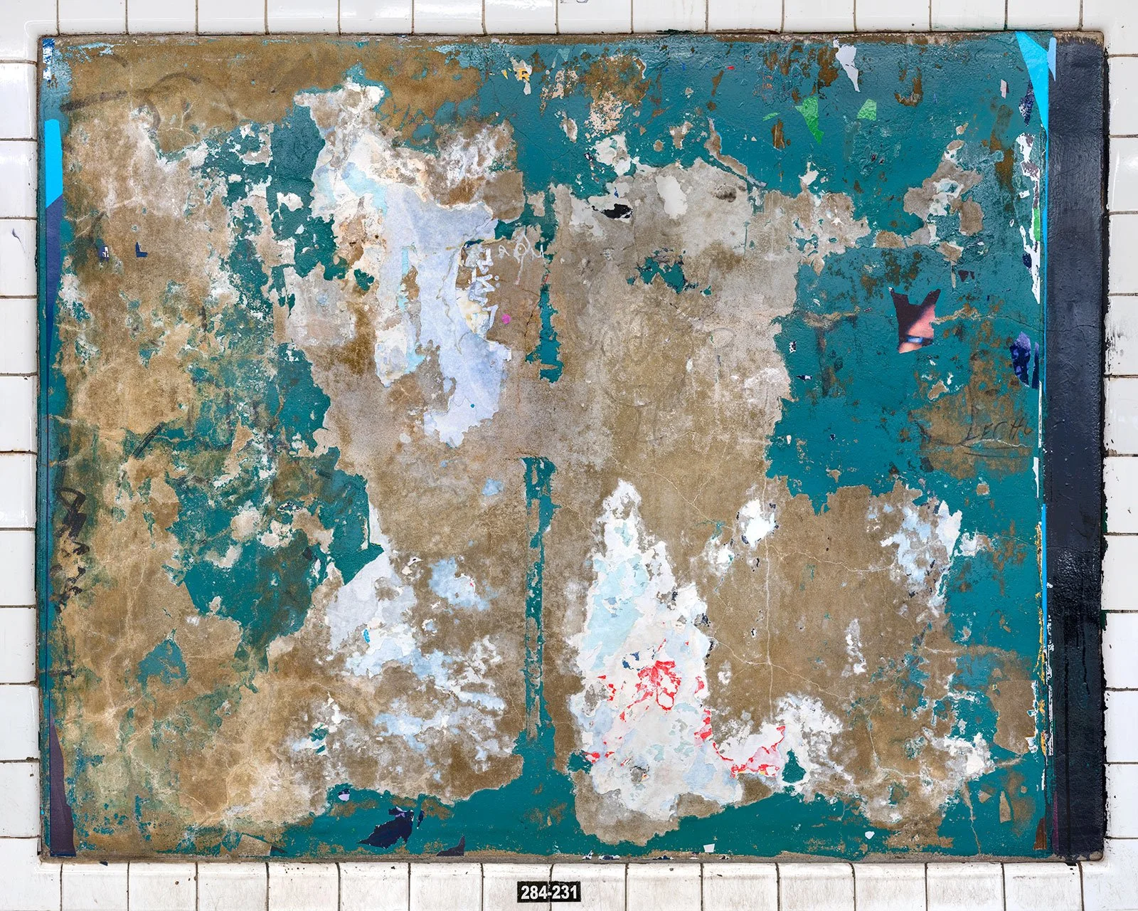 A photograph of a New York City subway advertising panel, showcasing urban decay transformed into fine art. Photographed by Barton Lewis, the image focuses on minimalist, painterly textures, poster fragments, heavily scraped surfaces and faded pigmen