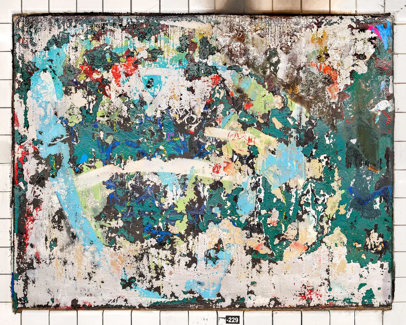 A photograph of a New York City subway advertising panel, showcasing urban decay transformed into fine art. Photographed by Barton Lewis, the image focuses on minimalist, painterly textures, poster fragments, heavily scraped surfaces and faded pigmen
