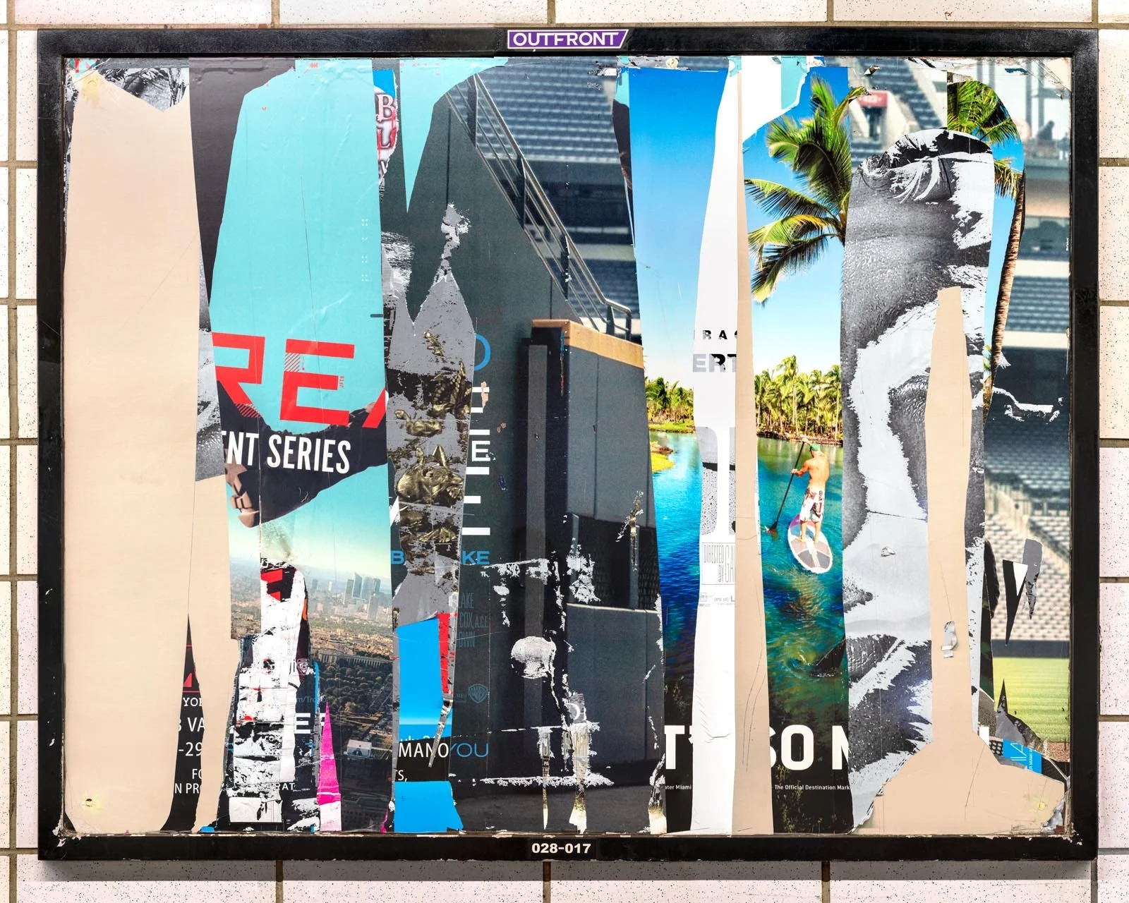 A photograph of a New York City subway advertising panel, containing posters torn by street artists and subway riders to create collage-like compositions.  Shot by Barton Lewis, capturing continuously mutating surfaces transformed into art by street 