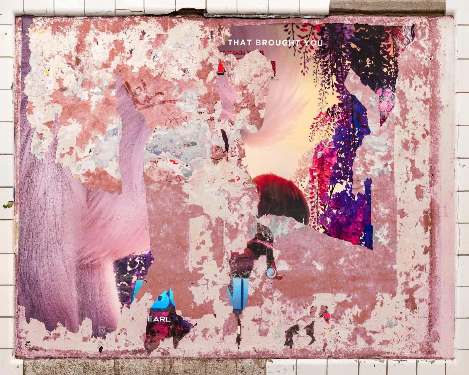 A photograph of a New York City subway advertising panel, containing posters torn by street artists and subway riders to create collage-like compositions.  Shot by Barton Lewis, capturing continuously mutating surfaces transformed into art by street 
