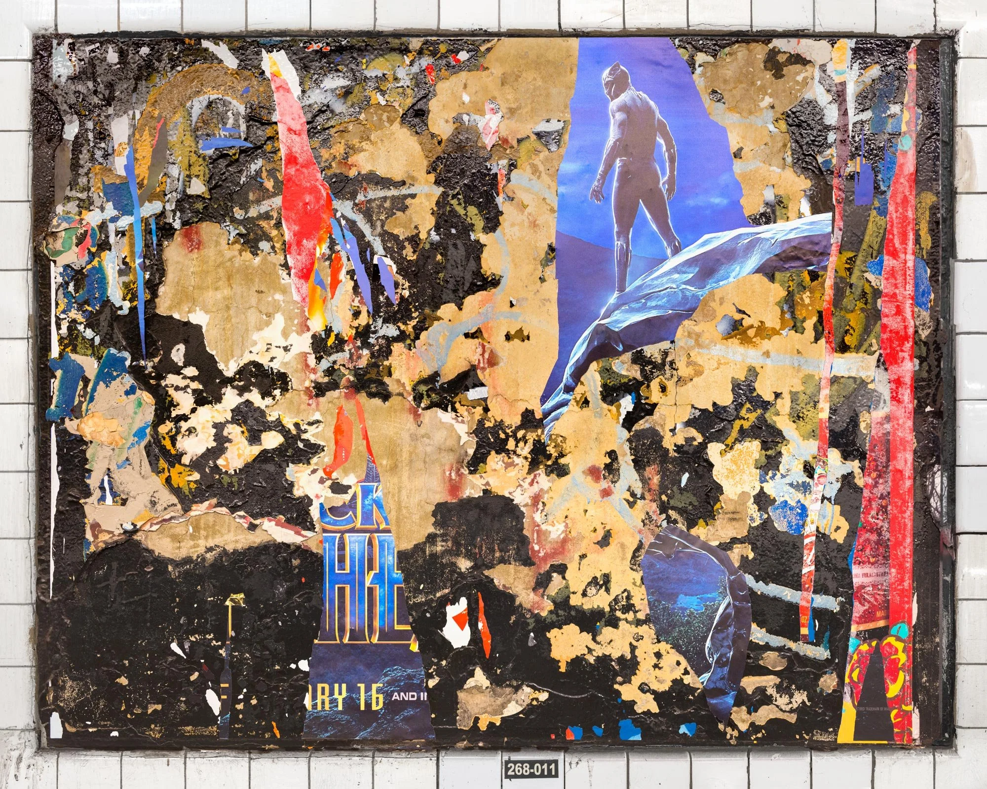 Fine art photography print of deeply layered, torn advertising posters on a New York City subway wall. This urban collage composition highlights fragmented typography, shredded paper textures, and weathered street media captured by contemporary artis