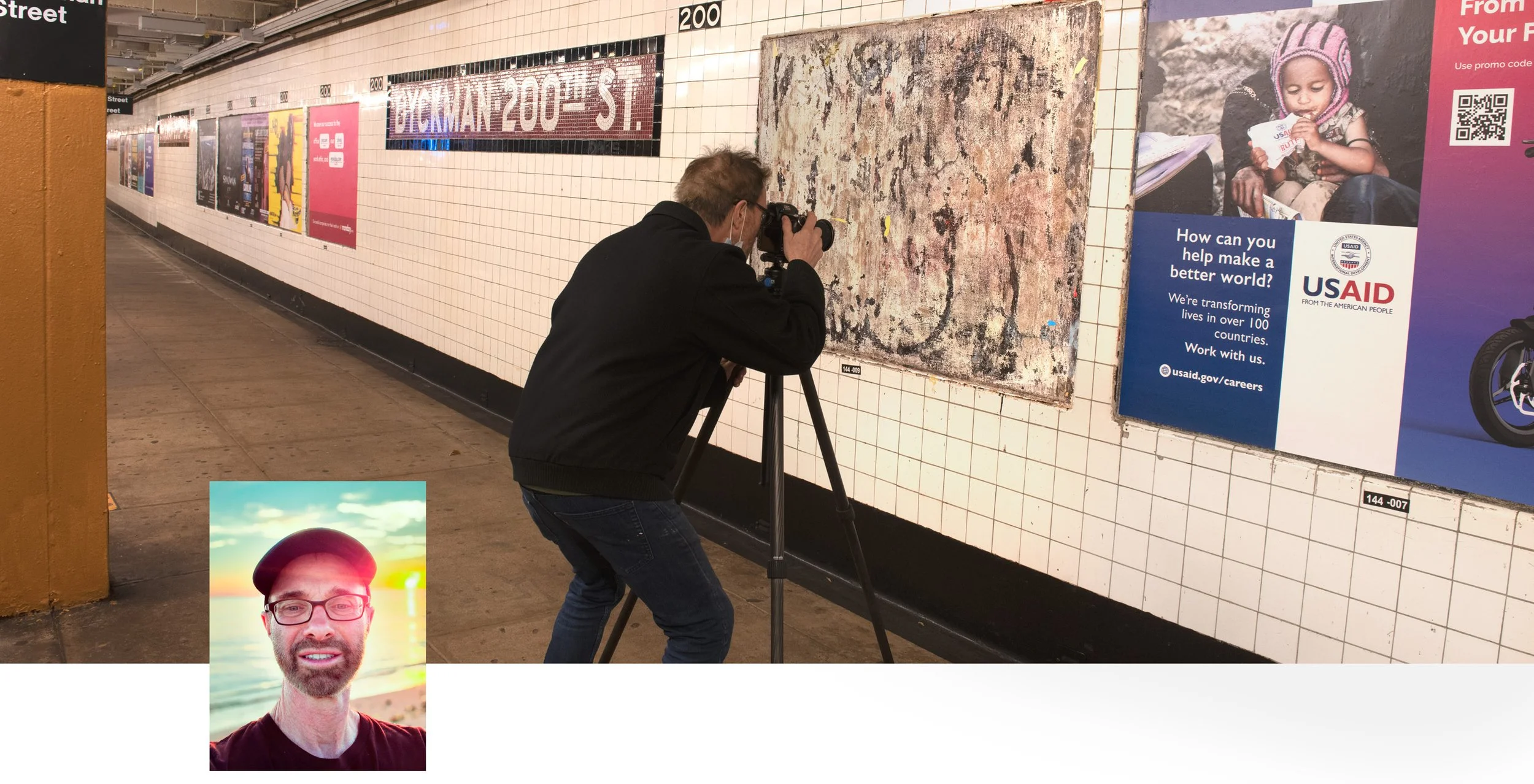 The Brooklyn-based photographer Barton Lewis photrographing a wall cut (subway ad panel) on the platform of a New York City subway station.