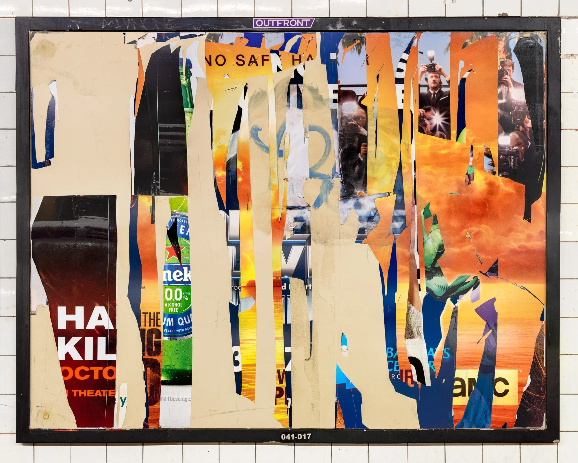 Fine art photography print of deeply layered, torn advertising posters on a New York City subway wall. This urban collage composition highlights fragmented typography, shredded paper textures, and weathered street media captured by contemporary artis