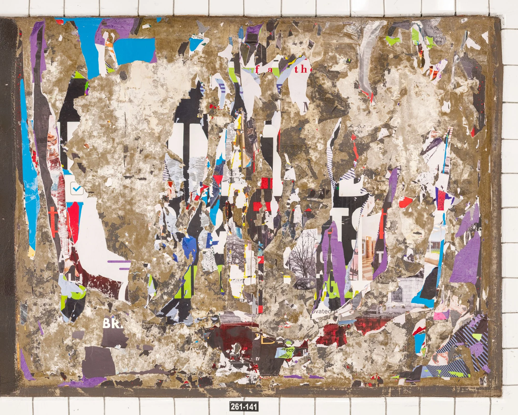 Fine art urban photography of a scraped subway panel resembling an abstract expressionist painting. This organic composition features layers of chipped paint, fragments of torn posters and graffiti, captured by Barton Lewis.