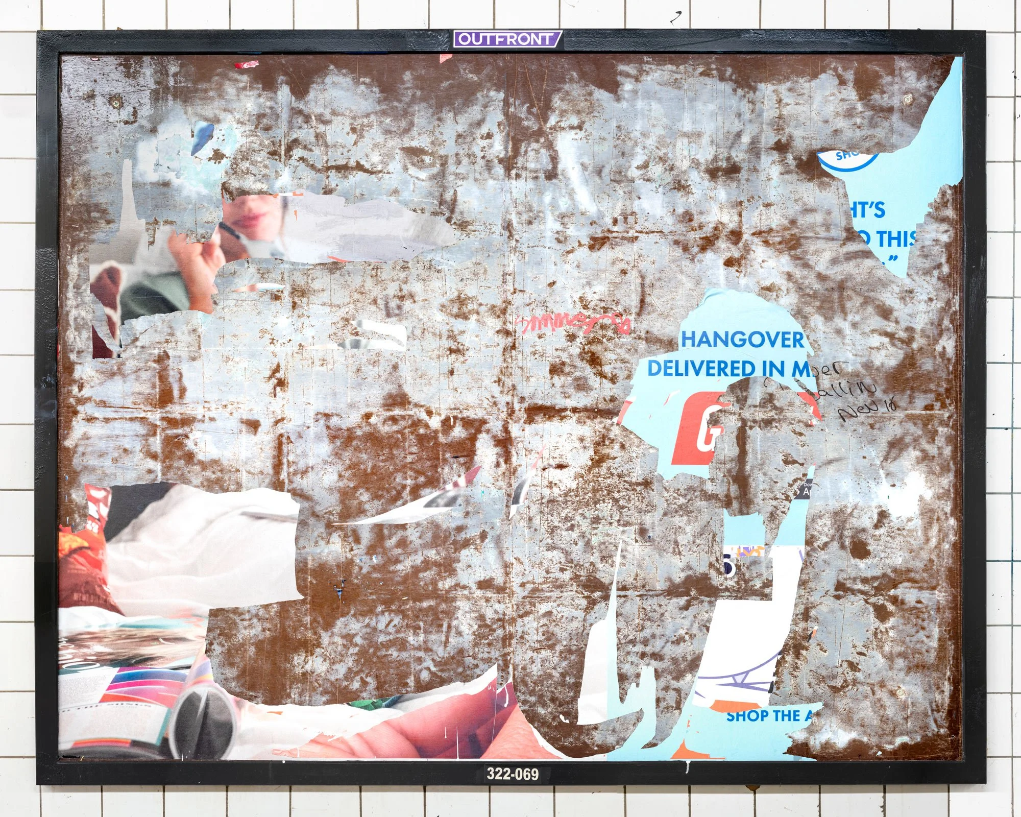 Fine art urban photography of a scraped subway panel resembling an abstract expressionist painting. This organic composition features layers of chipped paint, fragments of torn posters and graffiti, captured by Barton Lewis.
