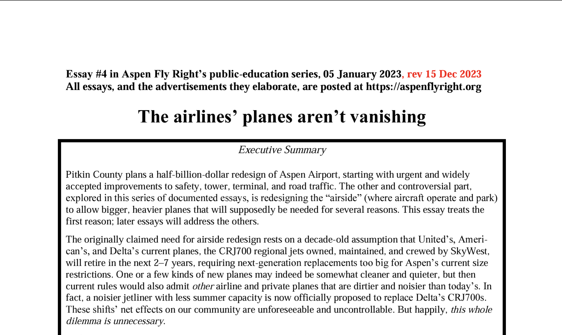Essay-#4:-The-Airplanes’-Planes-Aren’t-Vanishing,-5-January-2023.-Inaugural-essay-by-Aspen-Fly-Right-on-public-education-series.-Discusses-Pitkin-County’s-redesign-of-Aspen-Airport-and-the-need-for-airside-redesign-due-to-CRJ700-retirement-and-new-pl
