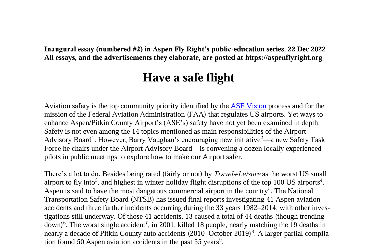 Essay-#2:-Have-A-Safe-Flight,-22-December-2022.-Inaugural-essay-by-Aspen-Fly-Right-on-public-education-series.-Discusses-aviation-safety-priorities-for-Aspen/Pitkin-County-Airport,-with-statistics-and-efforts-to-improve-airport-safety.
