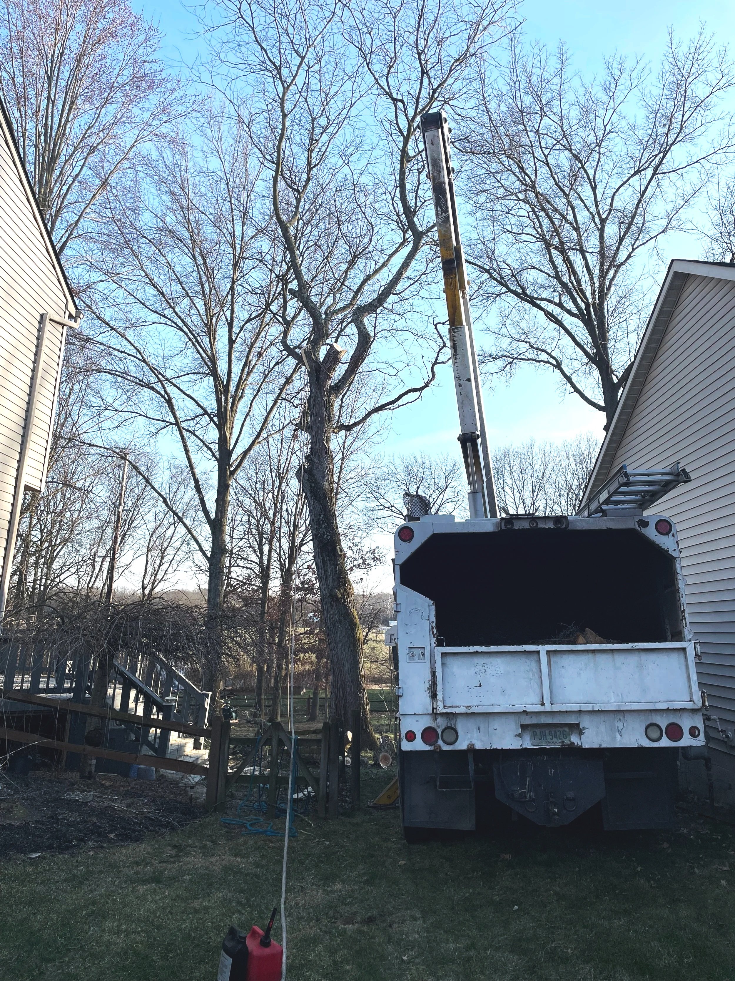 A tree removal truck with a crane lifting a tree branch between two houses on a clear day.