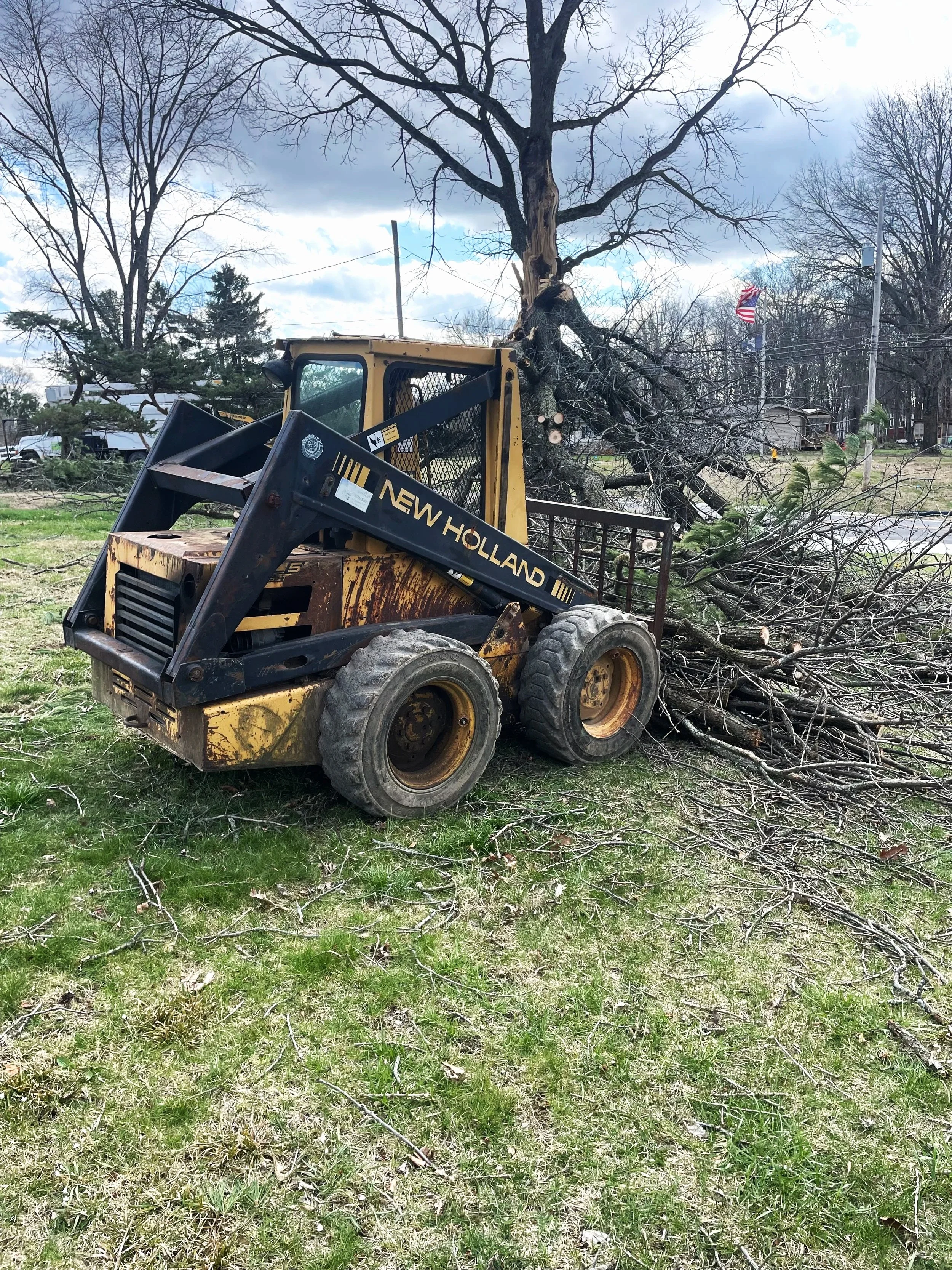 A small yellow and black New Holland skid steer loader has toppled over onto a fallen tree with barren branches, in a grassy yard with a cloudy sky overhead.