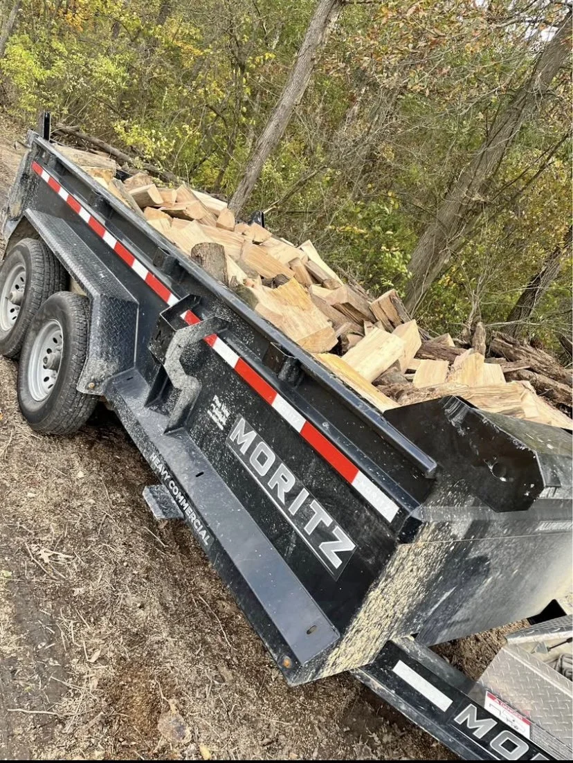Flatbed trailer with the brand name Moritz, loaded with chopped firewood, parked on dirt in a wooded area.