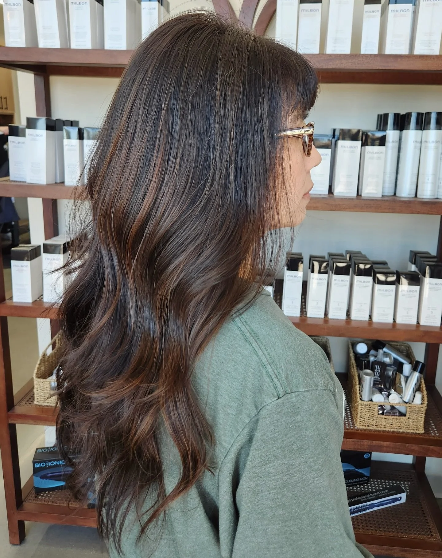 The perfect rich brunette with caramel dimension ☕️ // dimensional color + cut by @katiehegseth