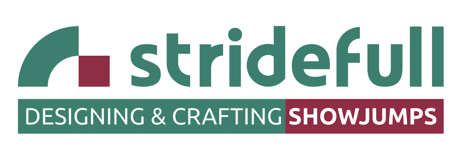 Logo for Stridefull, featuring a stylized arrow, text 'stridefull' and the tagline 'Designing & Crafting Showjumps' with a maroon and green color scheme.