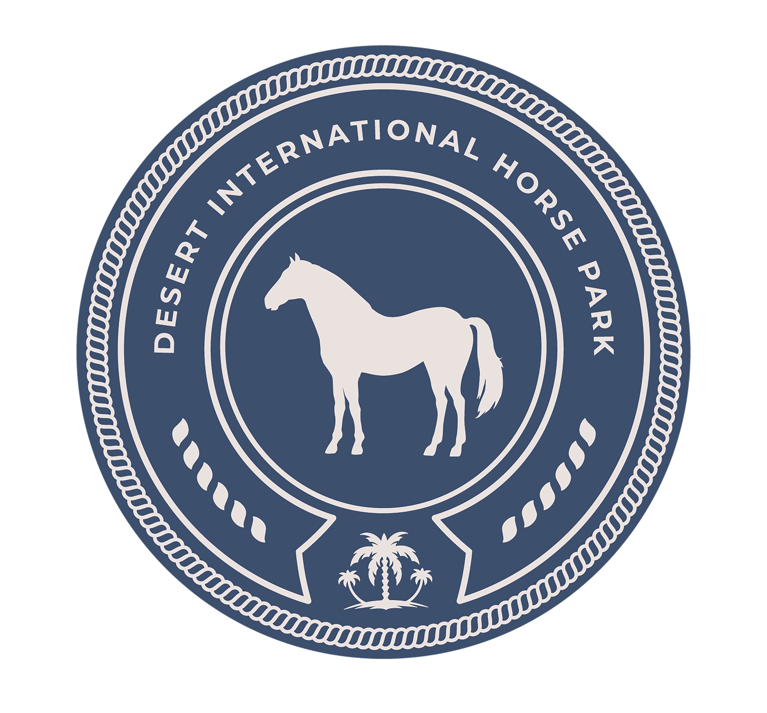 Official logo of the Desert International Horse Park featuring a white horse silhouette and palm trees in a blue circular emblem.