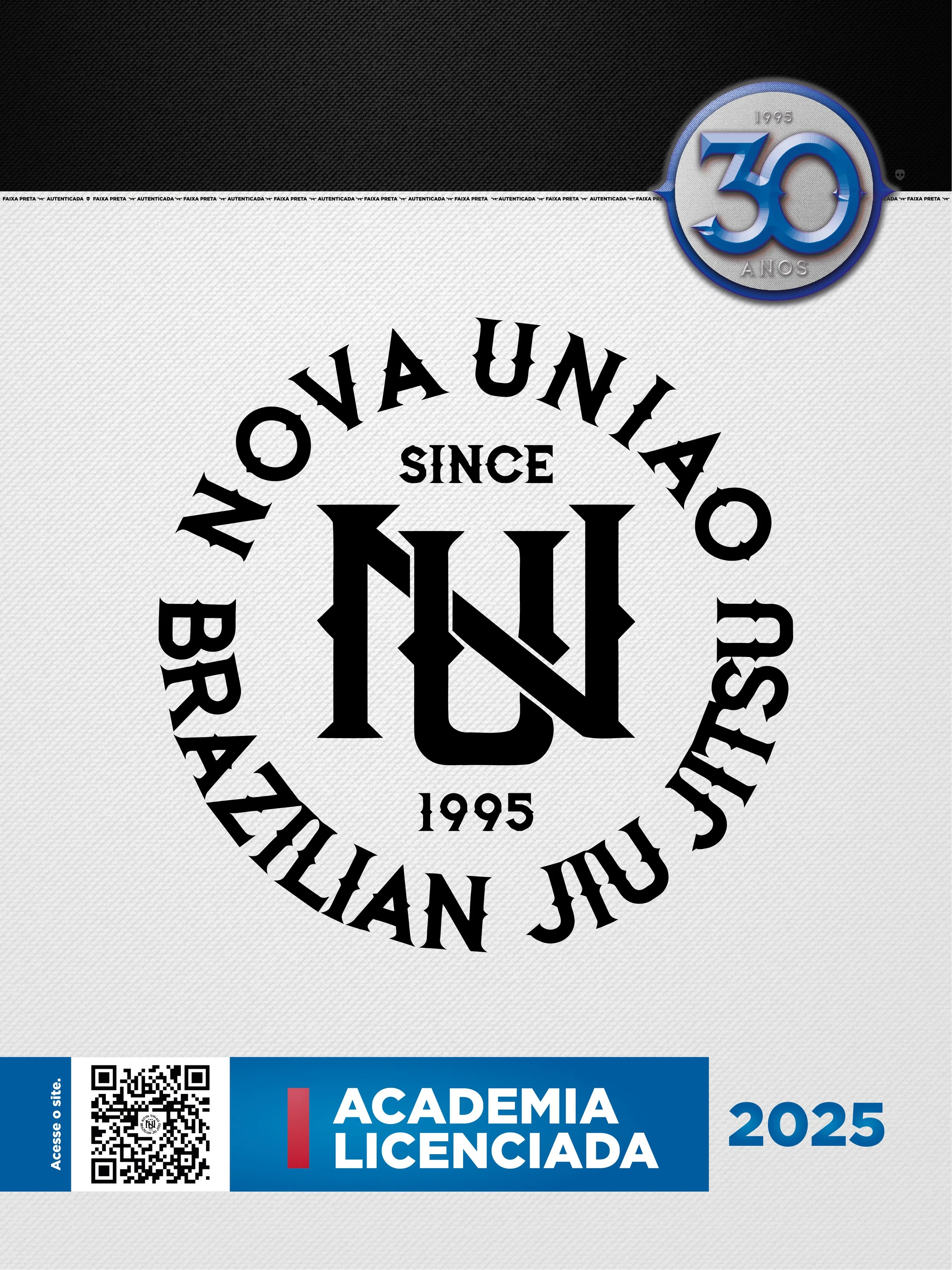 Logo celebrating 30 years of Brazilian Jiu Jitsu academy, established in 1995, with a QR code and label indicating licensed academy in 2025.