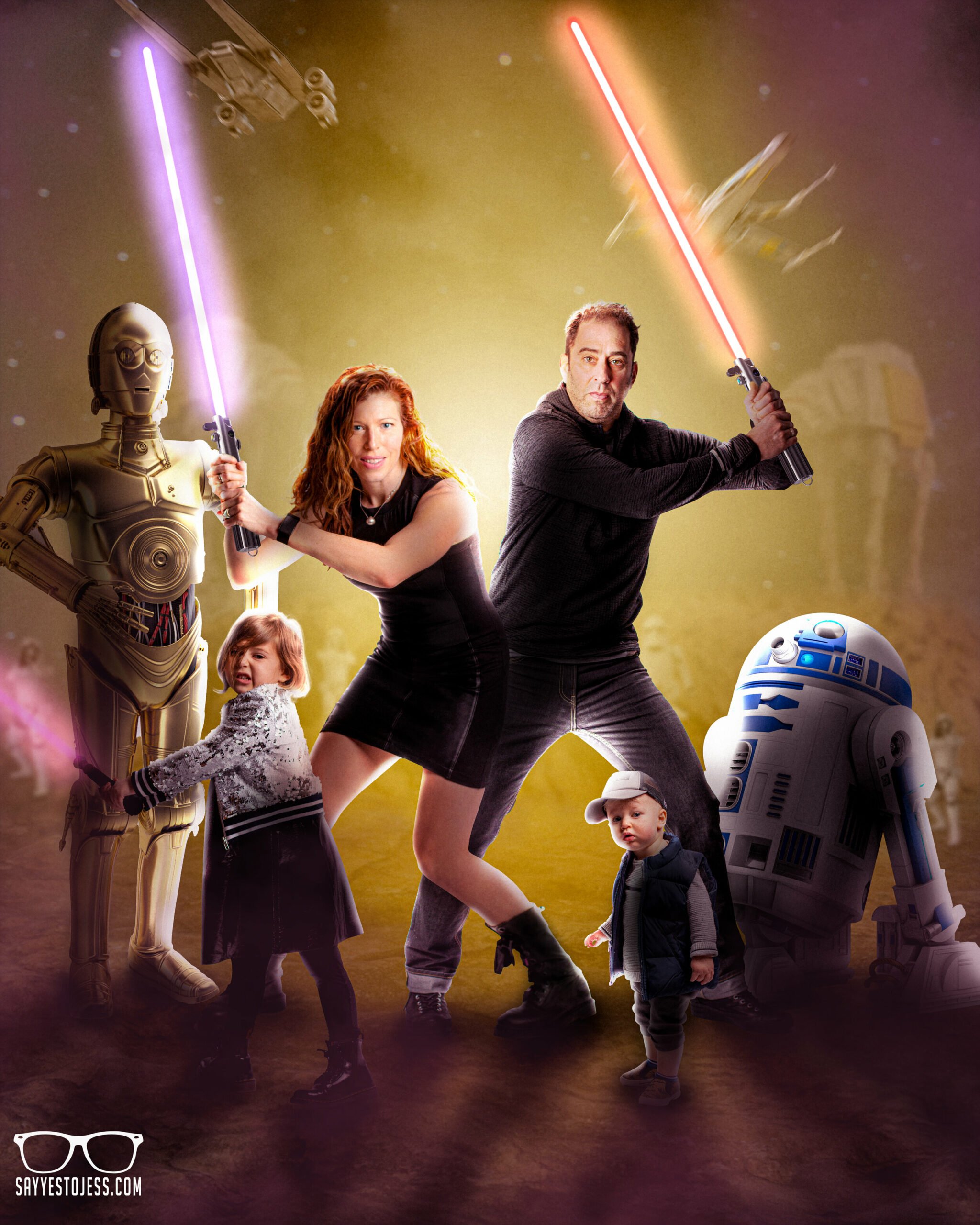 Family of four posing as Star Wars characters with lightsabers alongside C-3PO and R2-D2 in a custom dream portrait composite at Say Yes to Jess Cincinnati