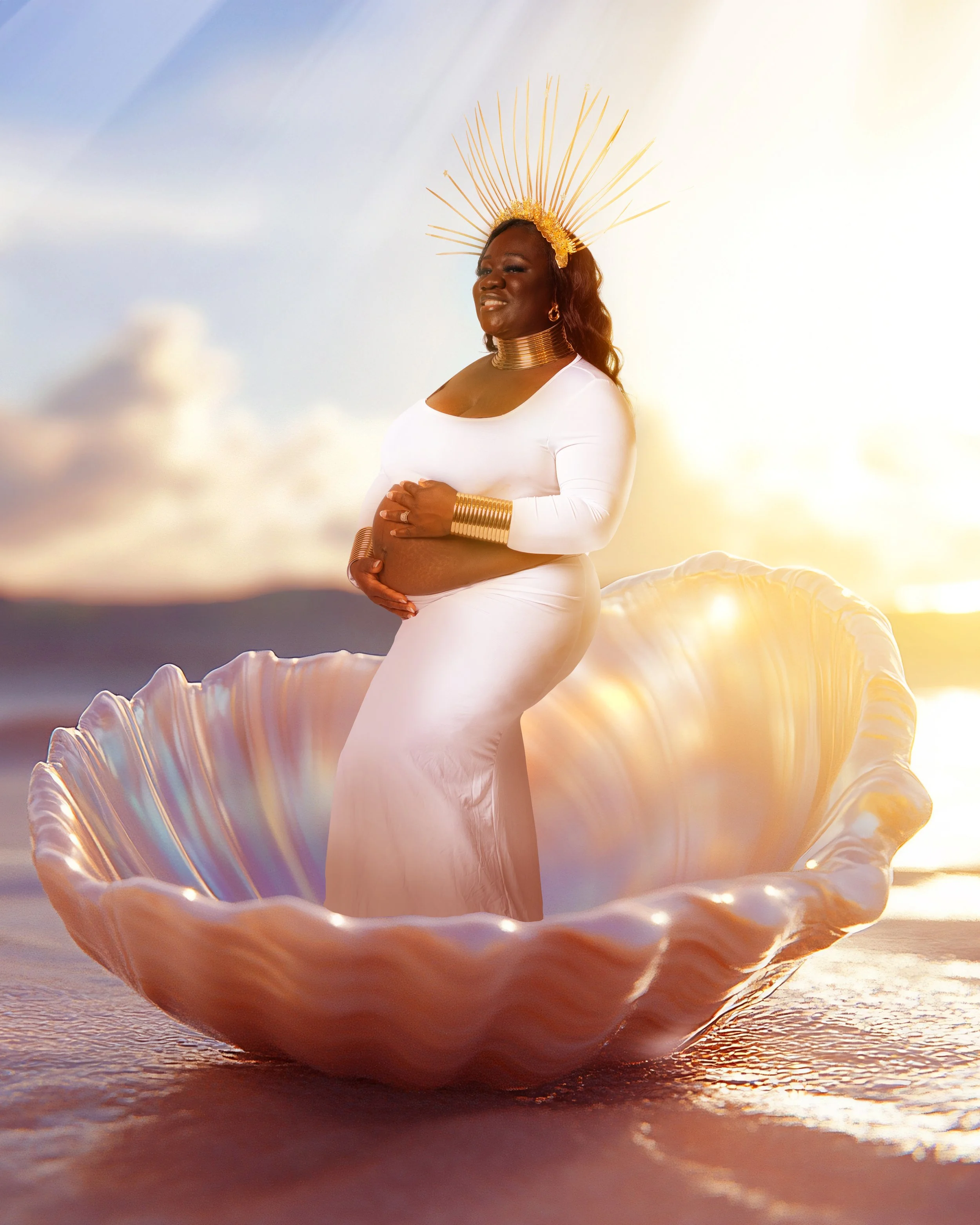 Artistic pregnancy portrait with seashell prop and soft studio lighting during maternity session