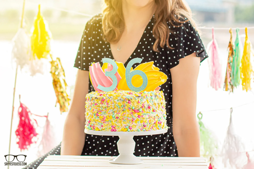 Colorful confetti sprinkle smash cake with a 36 birthday topper in Cincinnati
