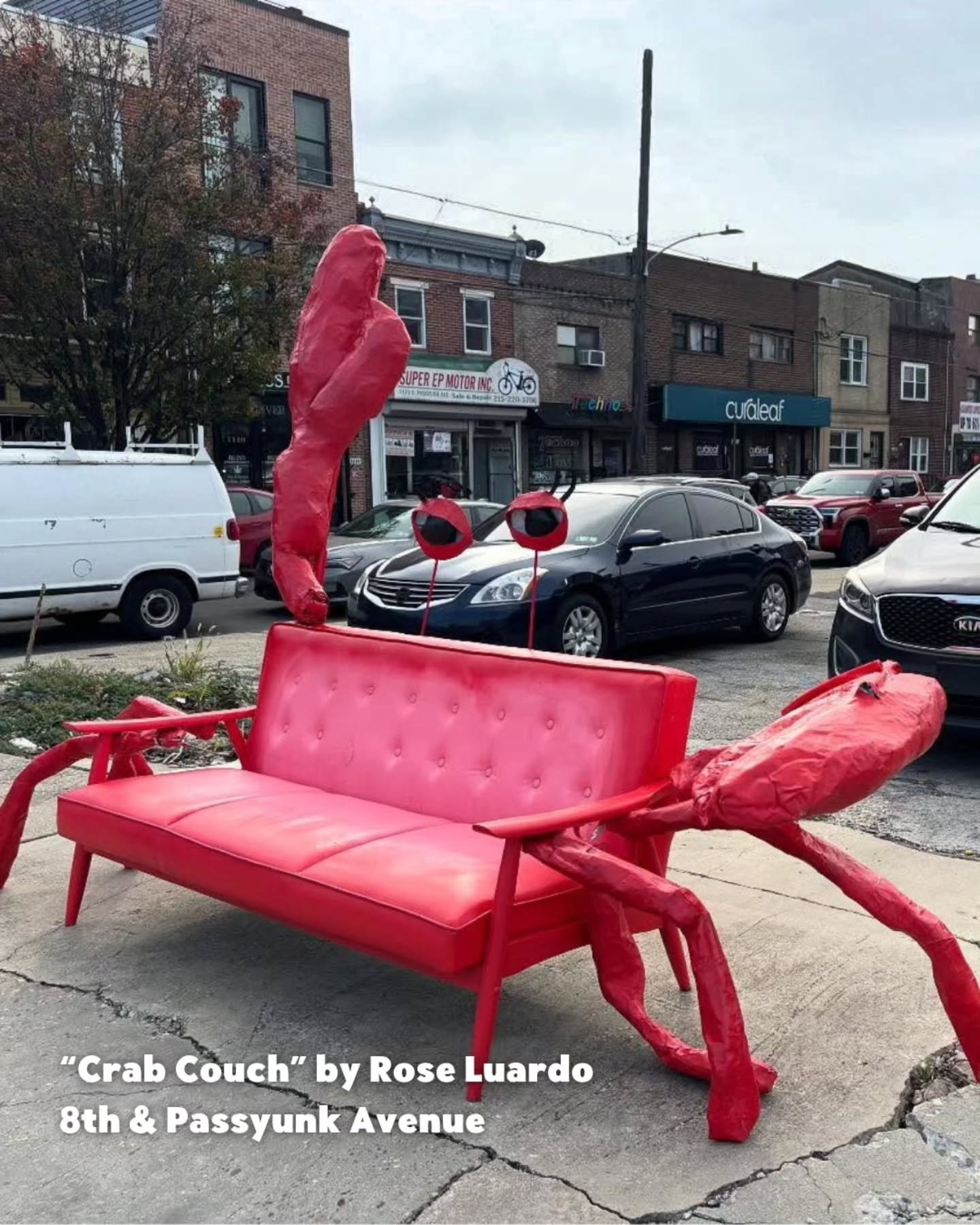 Pinch us, we must be dreaming! ✨ We were graced with @roseluardo's latest piece, &quot;Crab Couch,&quot; at the corner of 8th &amp; Passyunk earlier this month. Did you get a chance to crabwalk up the Ave and take a look? 🦀

📸: @farfarraway0444

#e