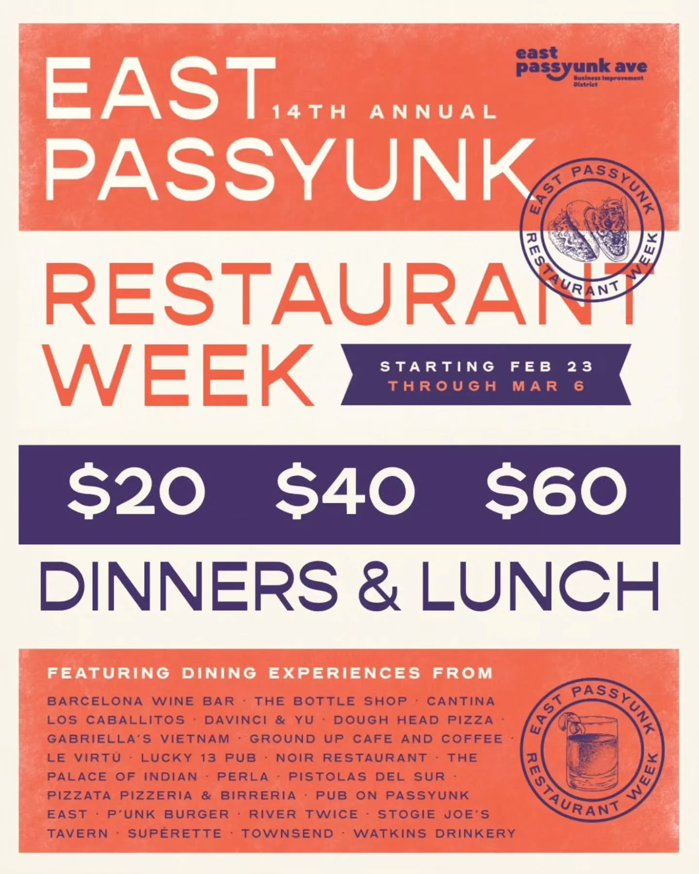 Dining out doesn't have to break the bank! ❤️&zwj;🔥 East Passyunk Restaurant Week will keep your plate full with 🟥 $20, 🟧 $40, and 🟪 $60 lunch &amp; dinner deals!

From Michelin Recommended to neighborhood faves, dig into special menus at 2️⃣1️⃣ 