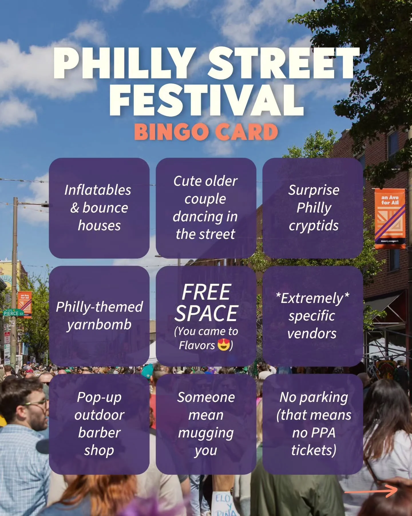 Philly Street Festival Bingo ✨🏅

The #1️⃣ street festival in South Philadelphia returns Sunday, April 26... and you never know who might show up!! How quickly can you fill up your Flavors Bingo Card?? 👯🐥🛝😍

‼️CALL FOR VOLUNTEERS‼️
We're still se