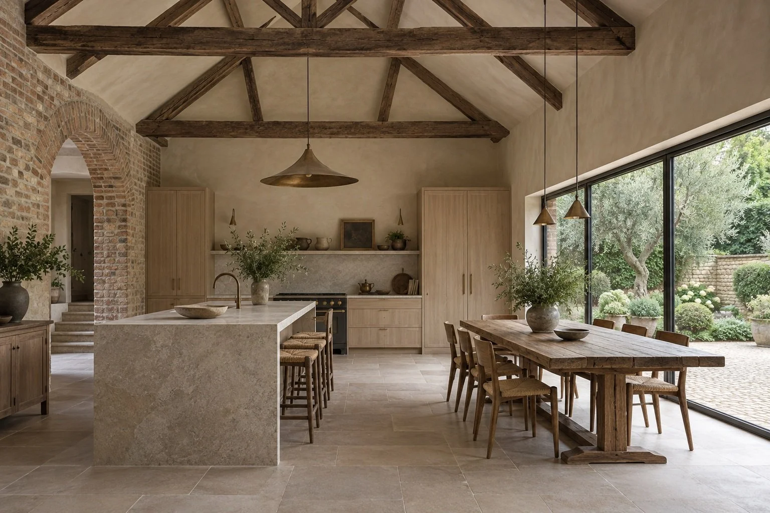 Illustrative AI holding image: vaulted mews kitchen with limestone and pale oak.