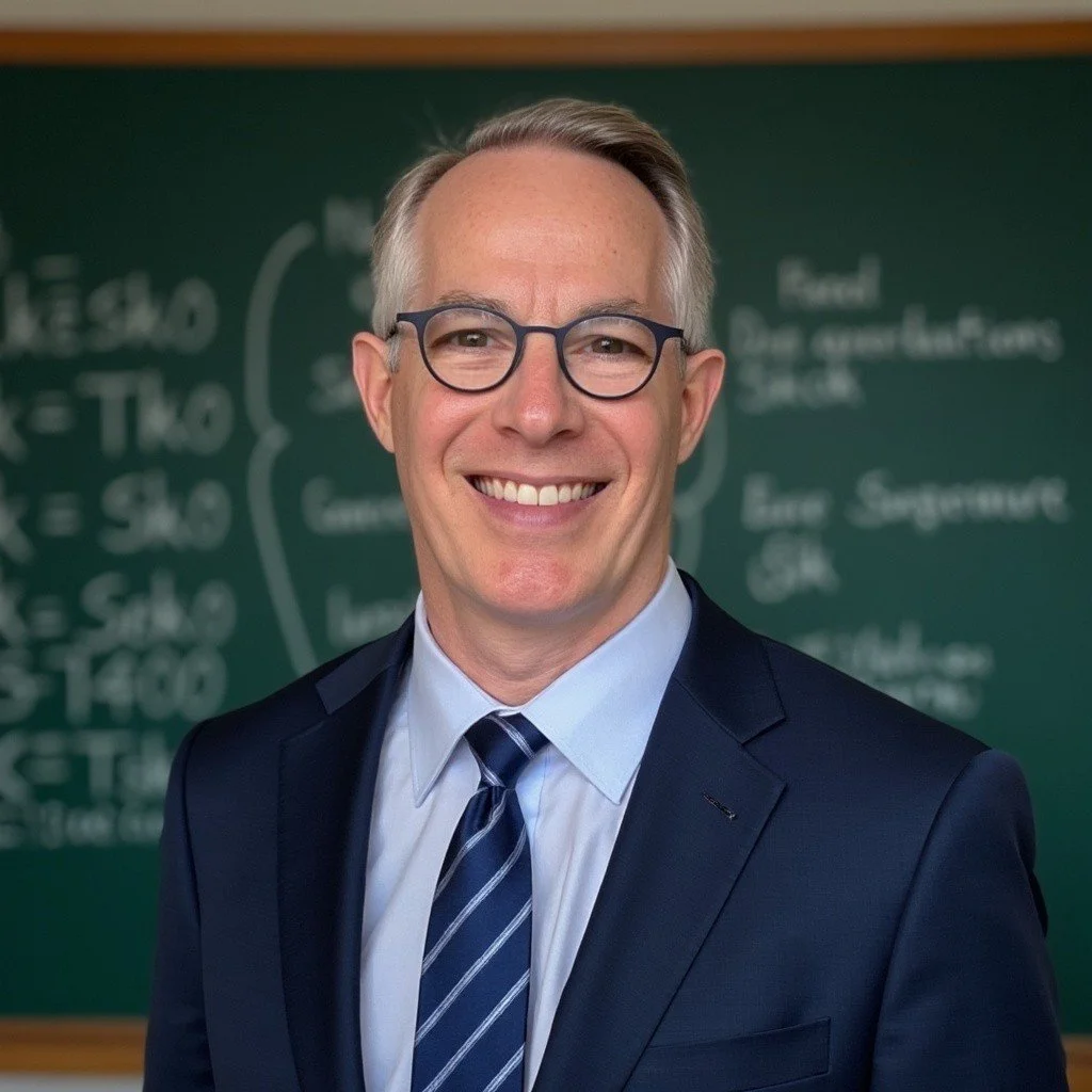 Curtis Butler, founder of Guided Ascent Coaching, in glasses and a suit smiling in front of a chalkboard with equations.