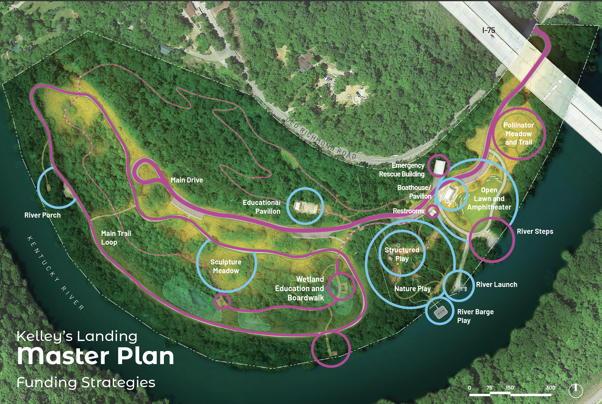 Aerial view of the 30-acre Kelley’s Landing site showing the dense tree canopy and proximity to the Kentucky River shoreline.