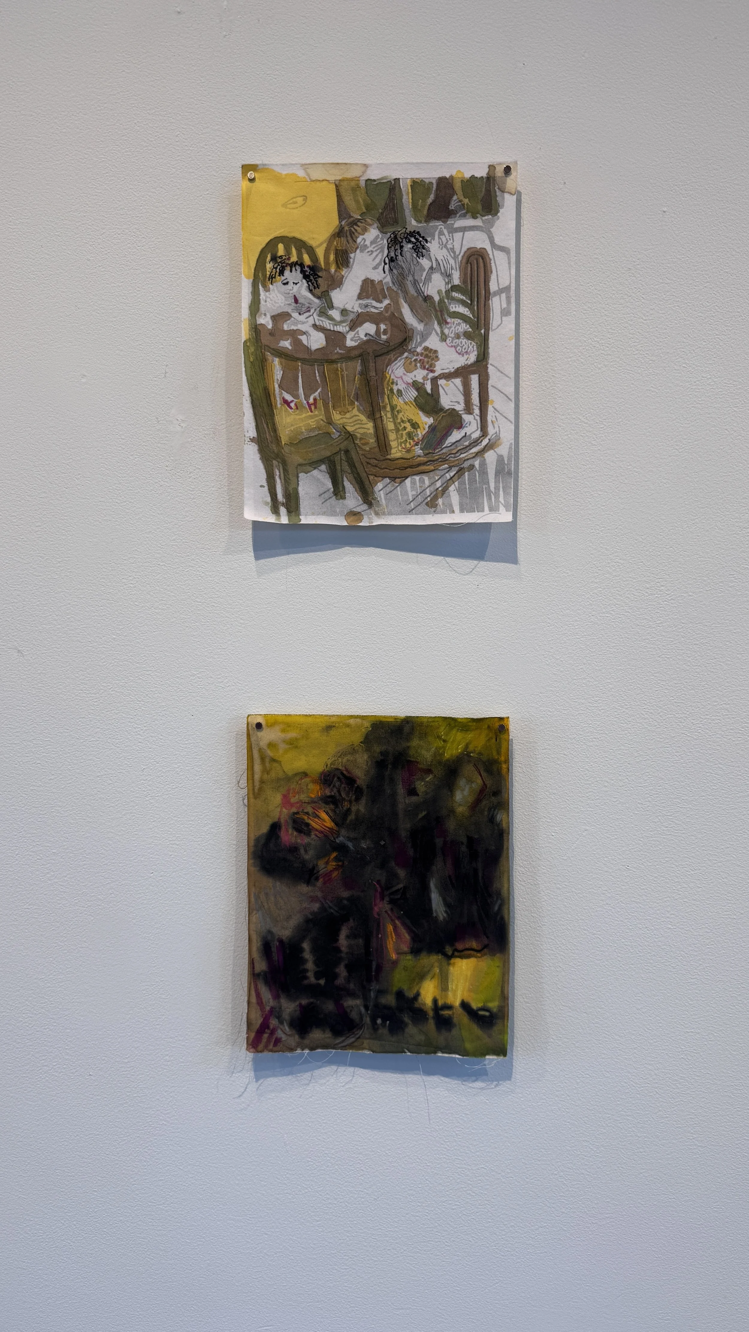  Rachel Dorsey,  Careworn Study #1 , 2026. Cotton cut bed sheets, ink, conte crayon, pva.   ﻿﻿﻿Rachel Dorsey,  Careworn Study #2 , 2026. Cotton cut bed sheets, ink, conte crayon, pva. 