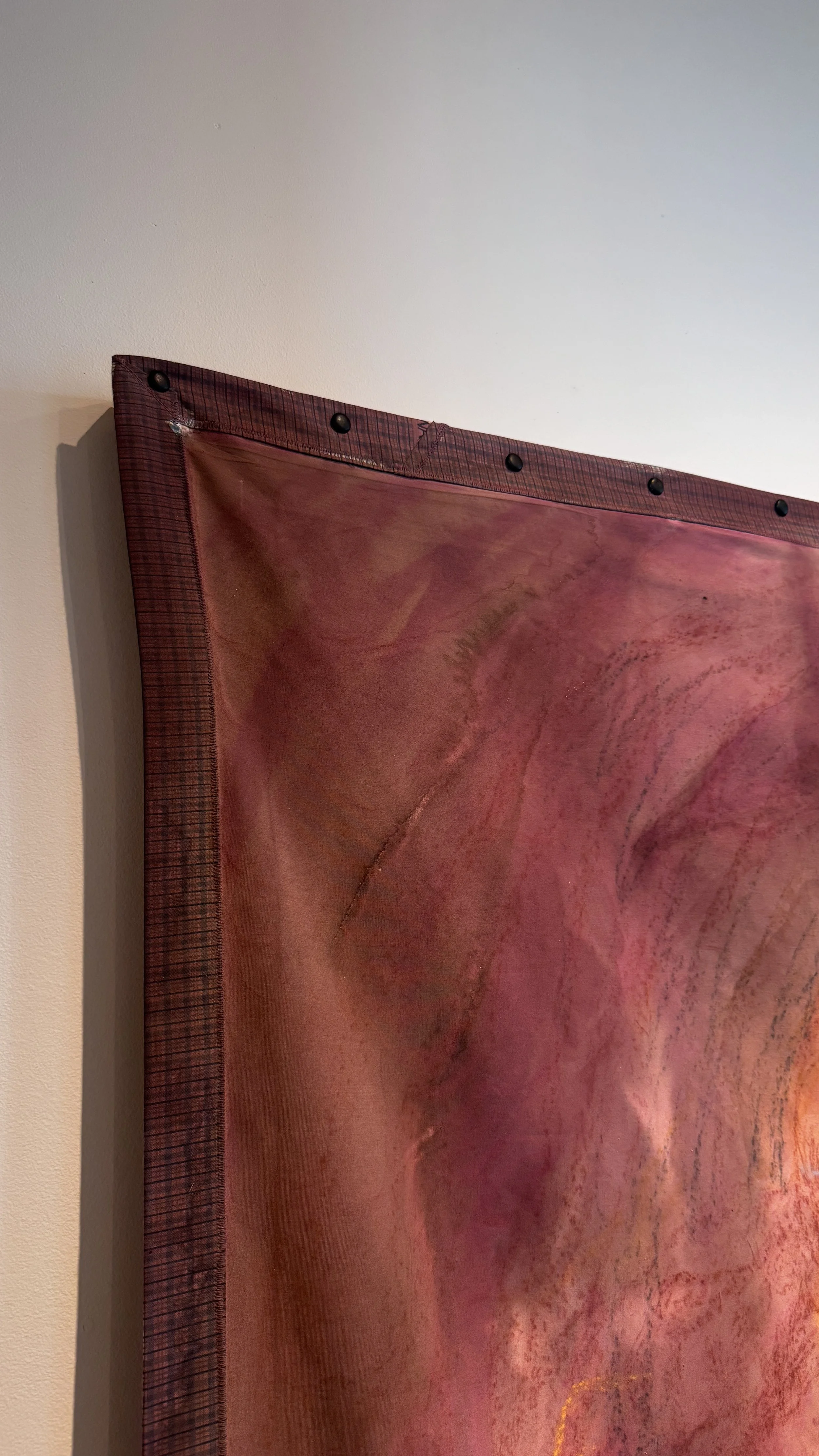  Detail of Rachel Dorsey,   Shift Change  . Charcoal, conte crayon, natural dyes (black bean, madder, black tea, rosemary, indigo), walnut ink, turmeric ink, acrylic ink, oil stick, extra heavy molding paste, fabric scraps (hand-me-down table linens)