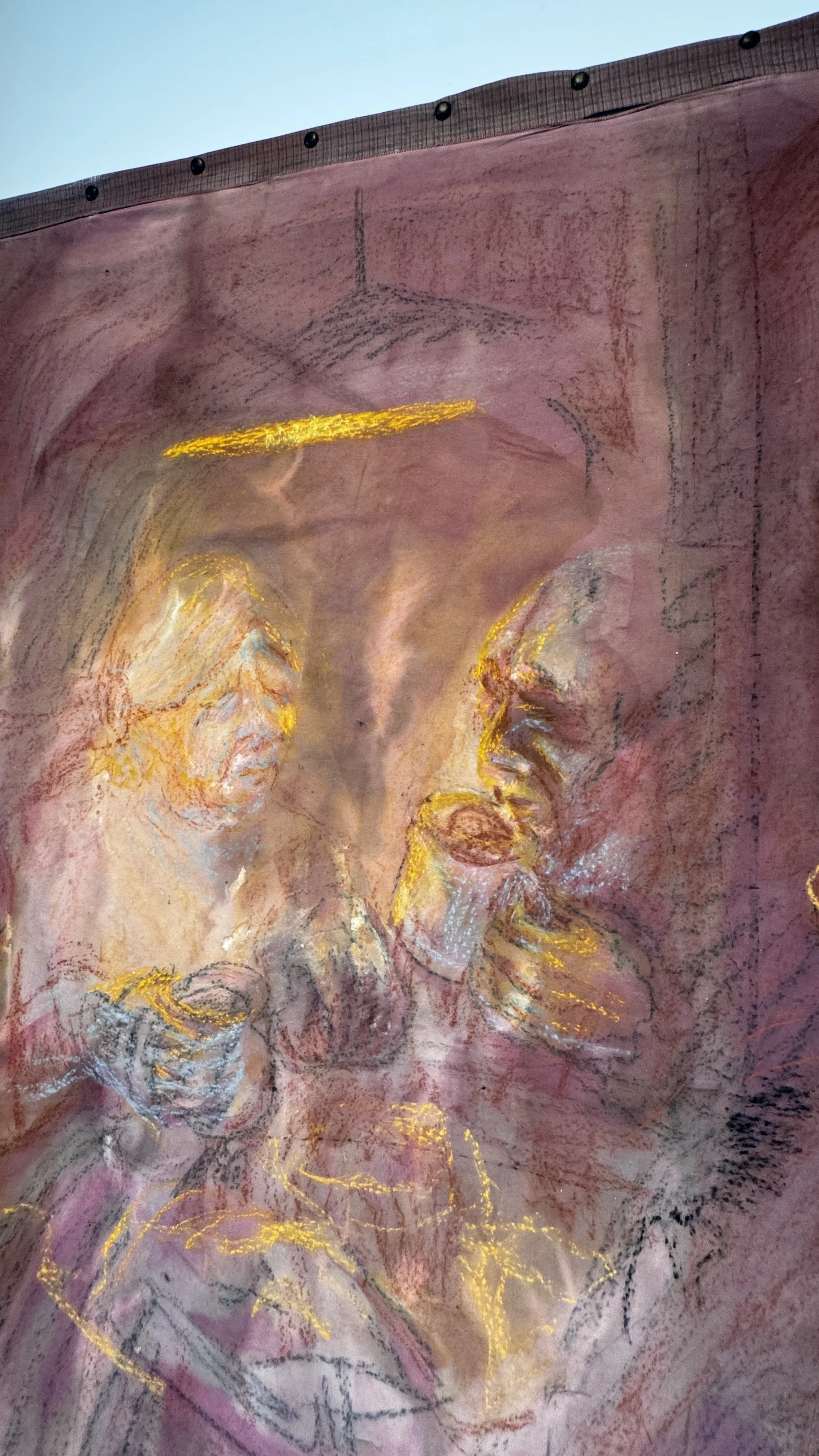  Detail of Rachel Dorsey,   Shift Change  . Charcoal, conte crayon, natural dyes (black bean, madder, black tea, rosemary, indigo), walnut ink, turmeric ink, acrylic ink, oil stick, extra heavy molding paste, fabric scraps (hand-me-down table linens)