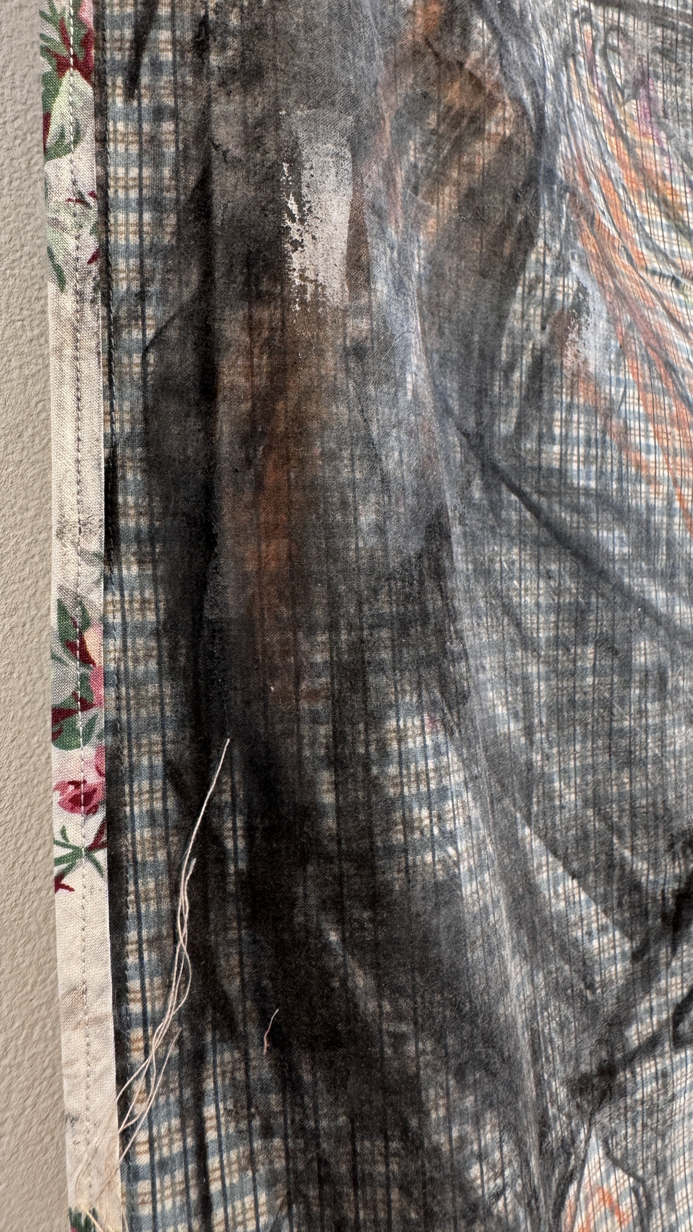  Detail of Rachel Dorsey,   Receiving Line,   2025-6. Charcoal, conte crayon, natural dyes (black bean, madder, black tea, rosemary, indigo), walnut ink, turmeric ink, acrylic ink, oil stick, extra heavy molding paste, fabric scraps (hand-me-down tab