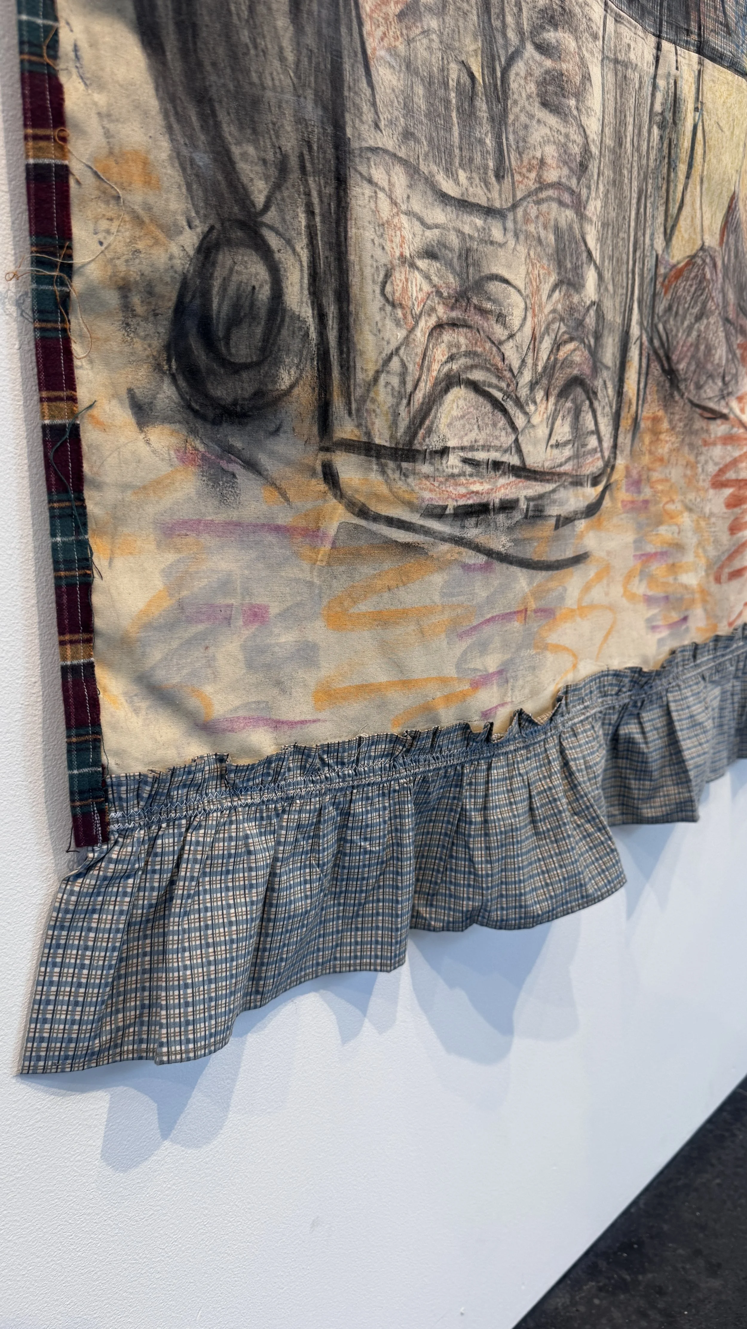  Detail of Rachel Dorsey,   Receiving Line,   2025-6. Charcoal, conte crayon, natural dyes (black bean, madder, black tea, rosemary, indigo), walnut ink, turmeric ink, acrylic ink, oil stick, extra heavy molding paste, fabric scraps (hand-me-down tab