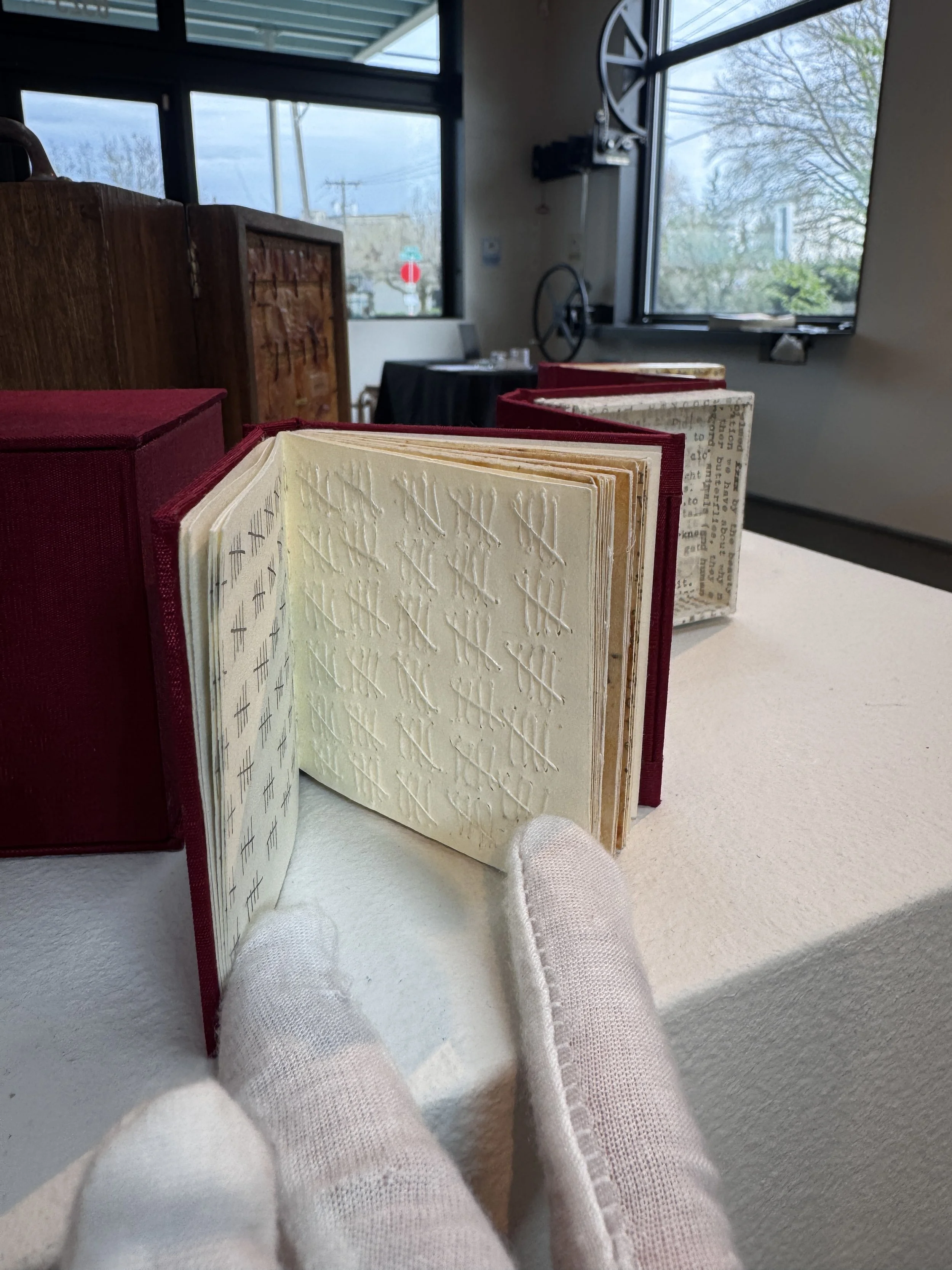  ﻿﻿﻿Opening part of Naomi Kasumi,   Memory Collection #7 accordion-codex,   2005. paper, silk, cocoon, quail egg, tea-bag red yarn, white thread, Typewriter typing. Courtesy of Seattle University. Special Collection, Lemieux Library, Seattle U. 