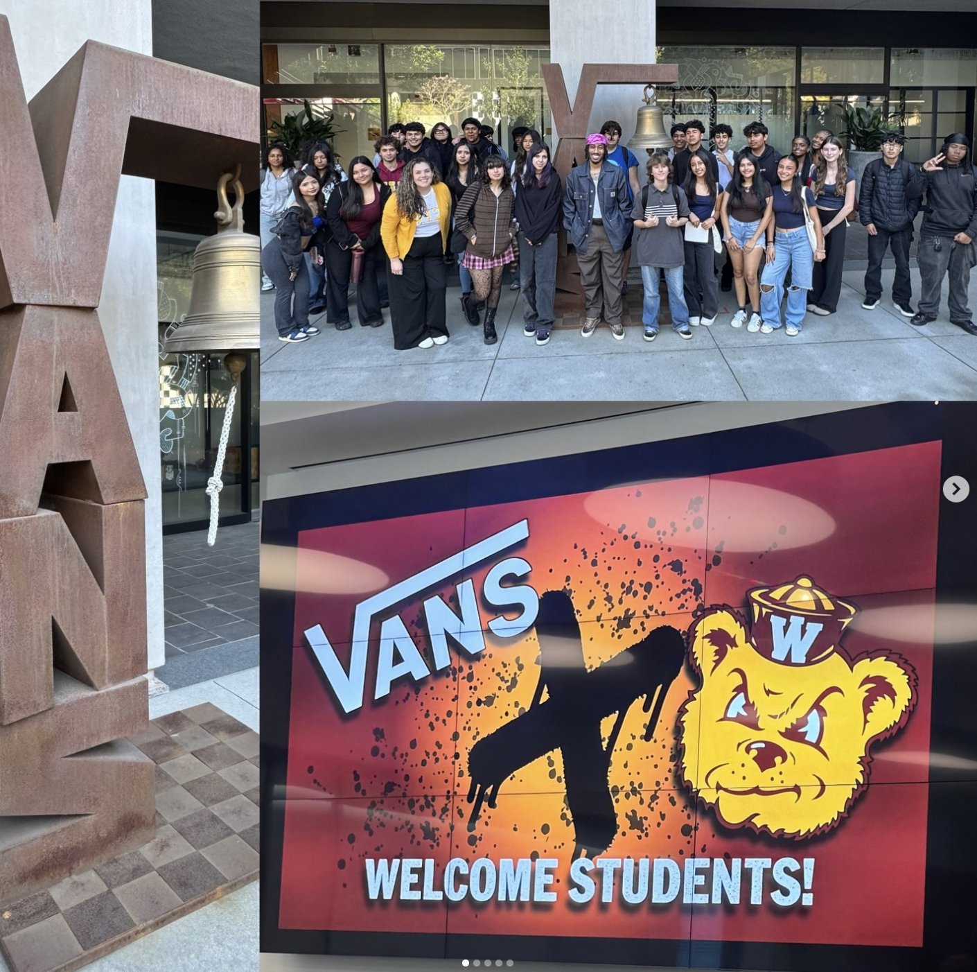A large group of diverse students pose in front of a building entrance with large decorations including a bell and metal letters. Below, a colorful welcome sign with a yellow lion mascot, a silhouette of a student, and the words "Vans" and "Welcome Students!".