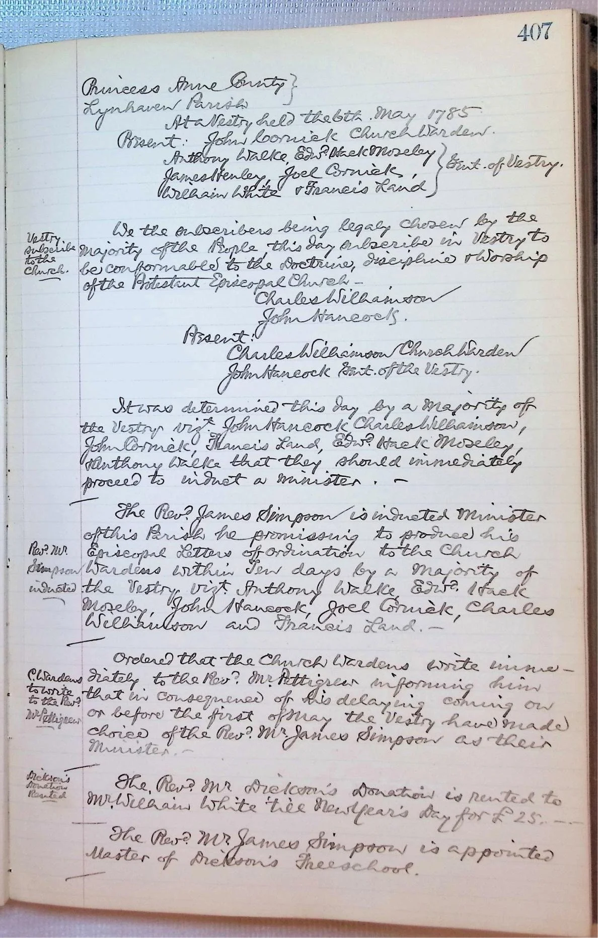 April 14 1785, p. 2:  note the passage (?) in Assembly of an order to dissolve existing vestries and re-elect new vestries. 