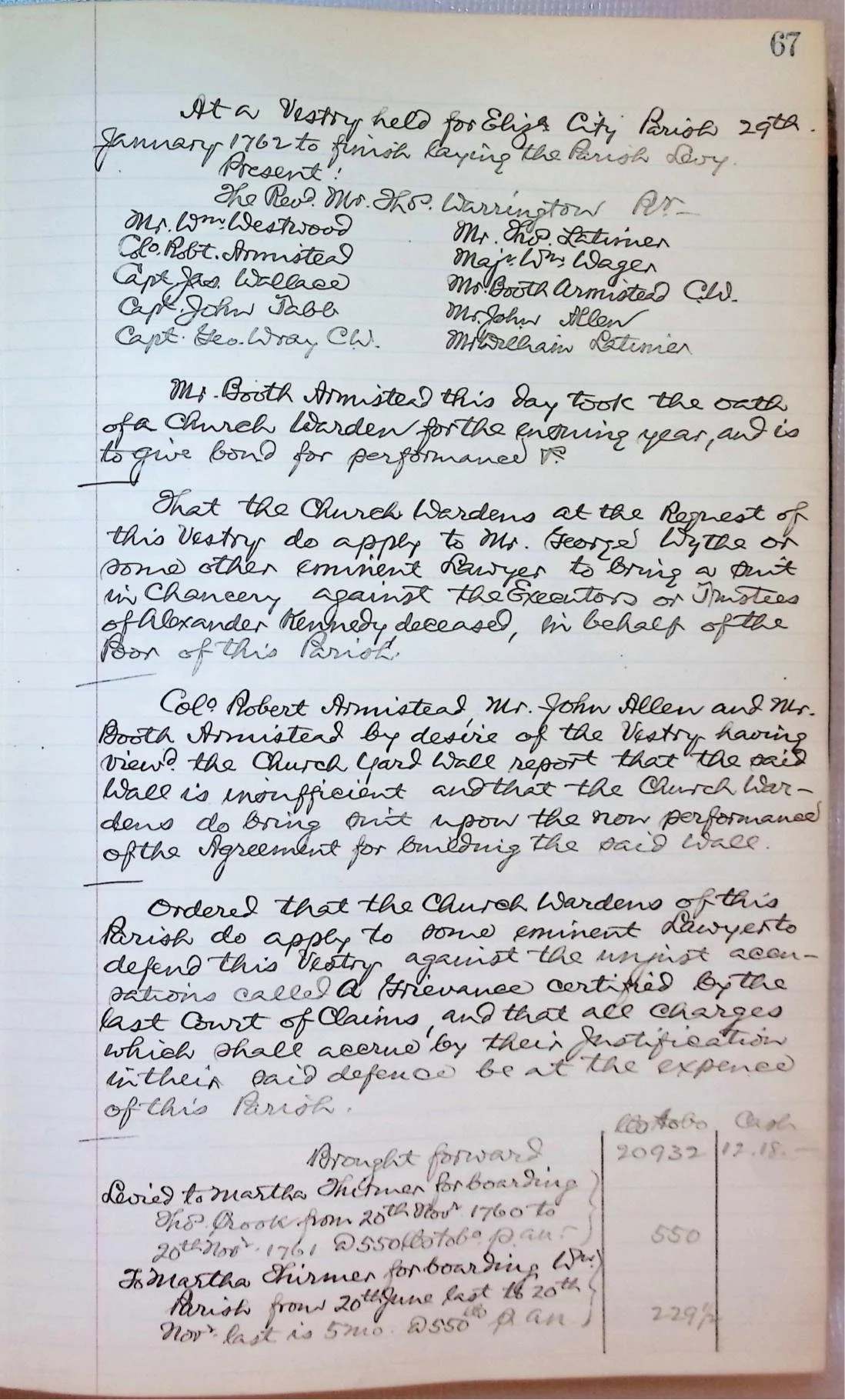 On January 29, 1762 much business was addressed: a new Church Warden took his oath; the Wardens, at the request of the Vestry, seek to hire George Wythe to bring a lawsuit to Chancery court; and the Wardens bring suit for the non performance of the c