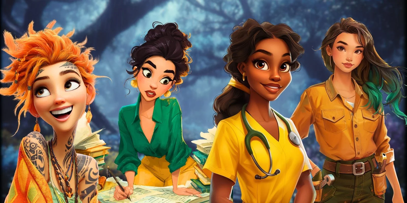 a heartweaver smiling, a mythmaker figuring something out, a lorekeeper smiling in a nurse's uniform, and a wildscribe ready to fix something with her hands