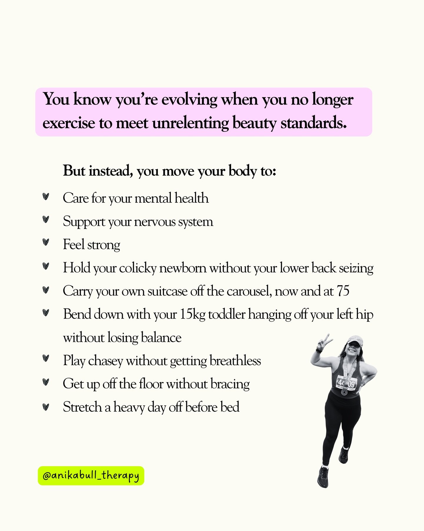 Who&rsquo;s with me? 💪🏽 You&rsquo;re no longer exercising to fit an unrealistic ideal. You&rsquo;re exercising to support the life you&rsquo;re living 💗 
I&rsquo;ve just opened up a small number of spaces for counselling support. If you&rsquo;re l