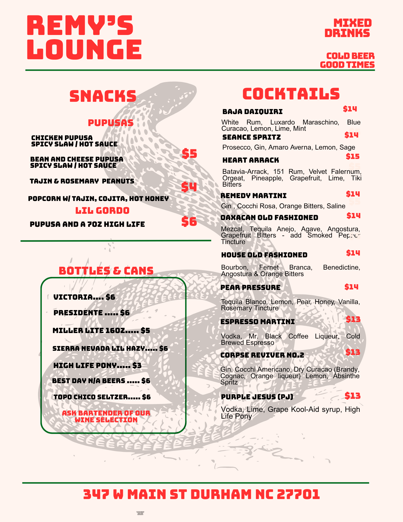 remy's bar menu, beer wine cocktails
