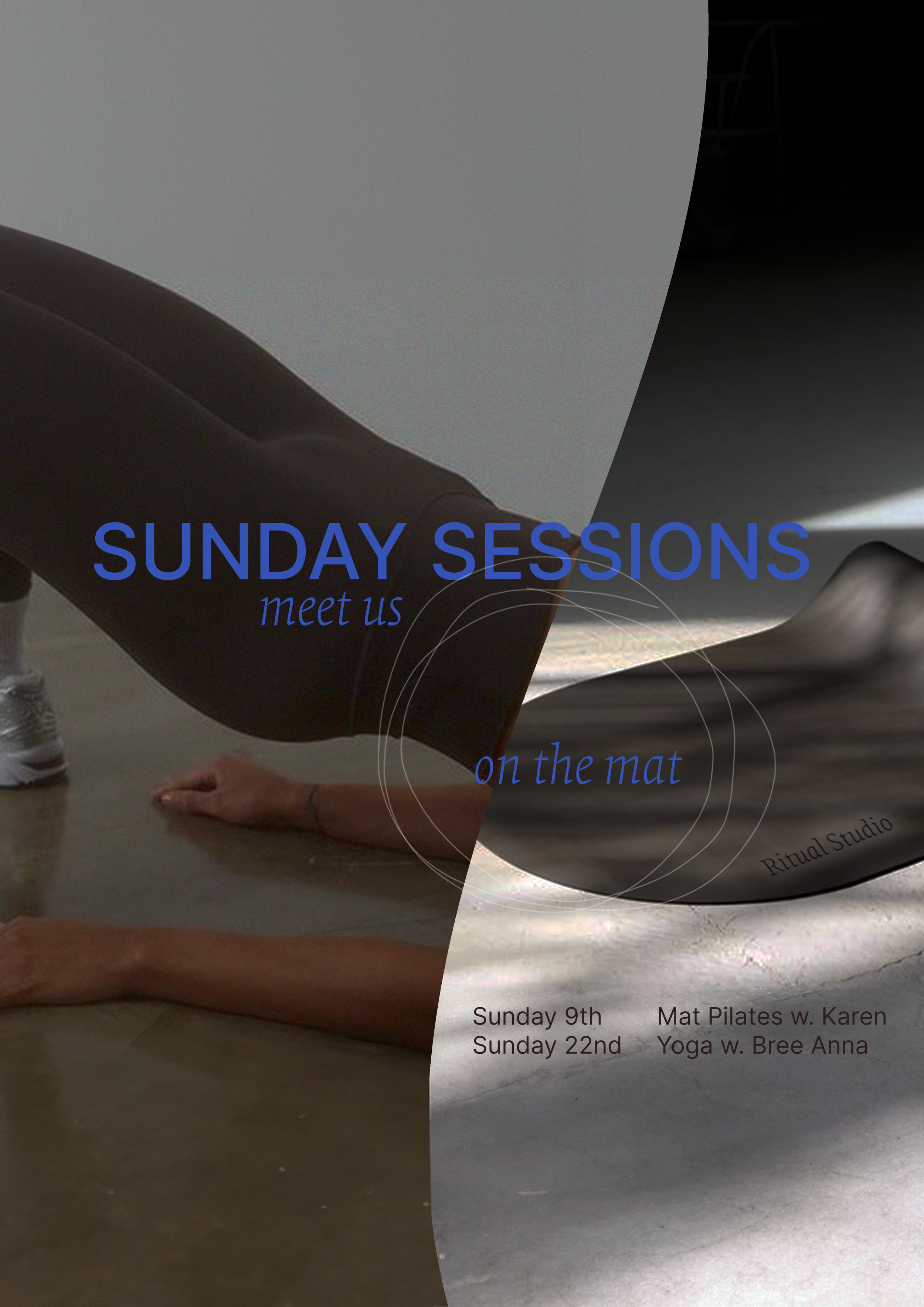 Text overlay promoting Sunday exercise classes with schedule details and instructor names, featuring a background image of a person doing yoga on a mat in a studio.