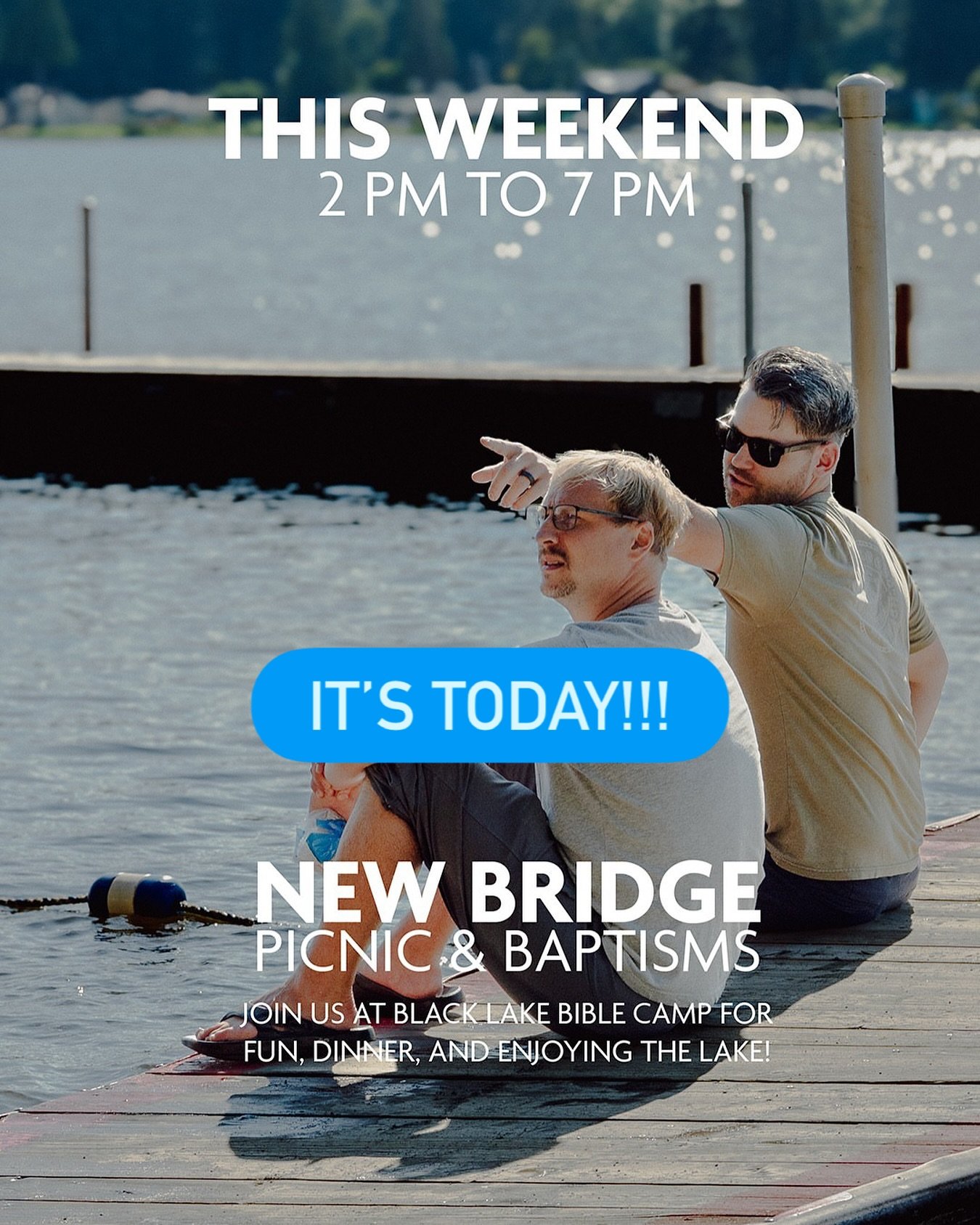 🔥🔥🔥🔥 See you later this afternoon! Come cool off at the lake.
📍Black Lake Bible Camp | STARTS AT 2pm
2:00 Arrive
2:30 Activities (Swimming, putt-putt golf, blob, and more)
4:30 Baptism
5:00 Dinner
6521 Fairview Rd SW
Olympia, WA 98512
