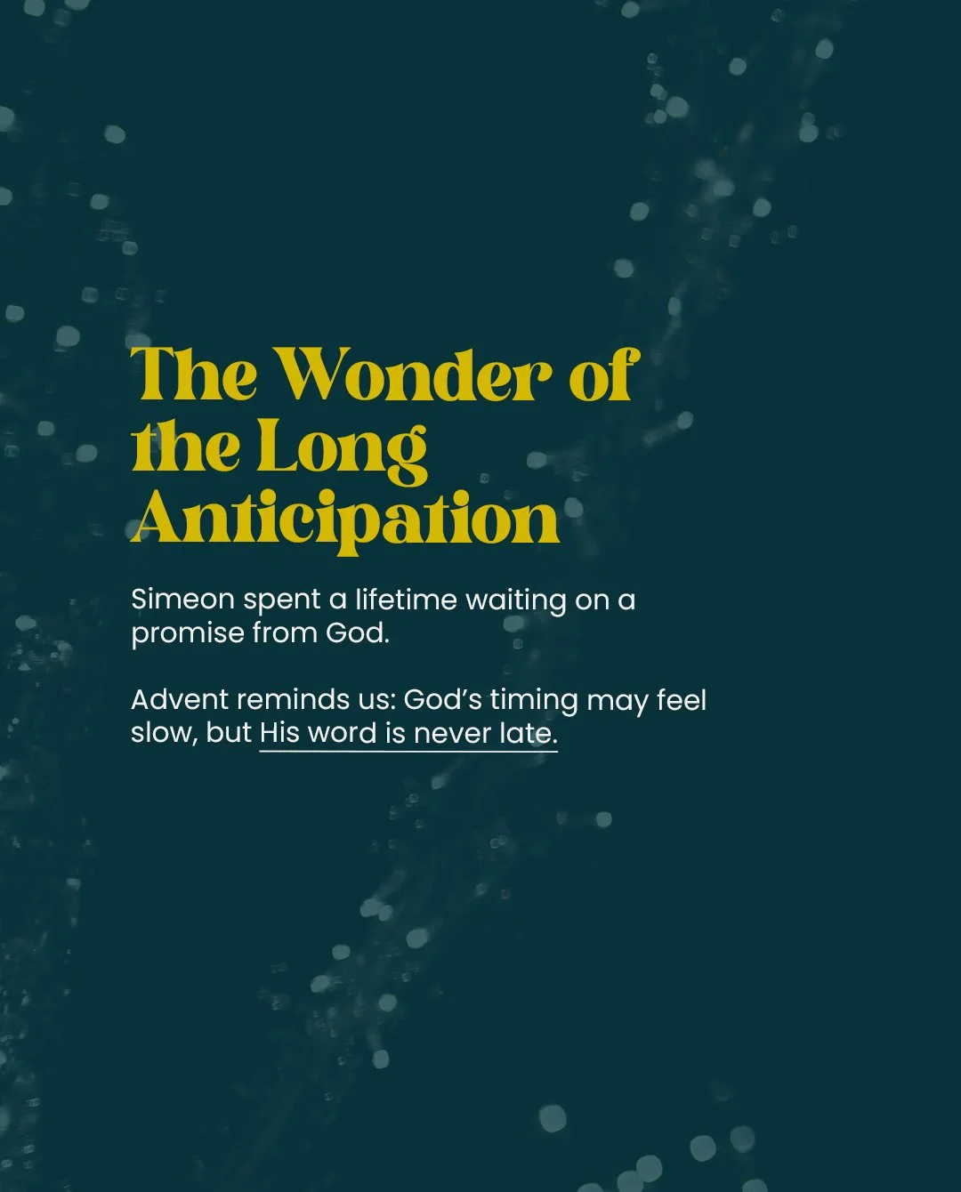 What if the thing you&rsquo;re waiting for isn&rsquo;t a thing at all, but a Person?

Simeon waited his whole life on a promise from God. One ordinary day in the temple, he&rsquo;s led by the Spirit, holds the baby Jesus in his arms, and simply says: