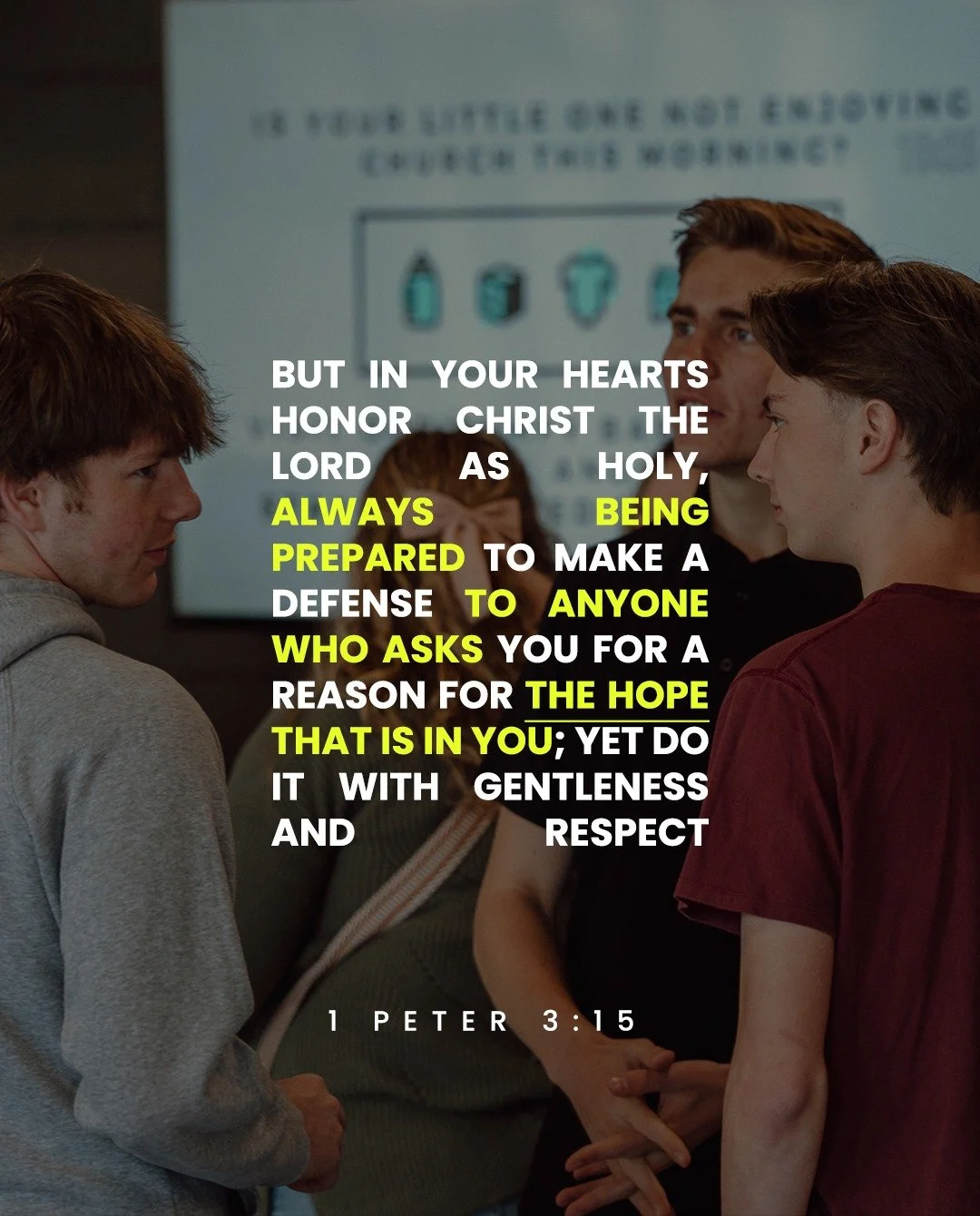 Give a reason for the HOPE that you have. 

But in your hearts revere Christ as Lord. Always be prepared to give an answer to everyone who asks you to give the reason for the hope that you have. But do this with gentleness and respect - 1 Peter 3:15
