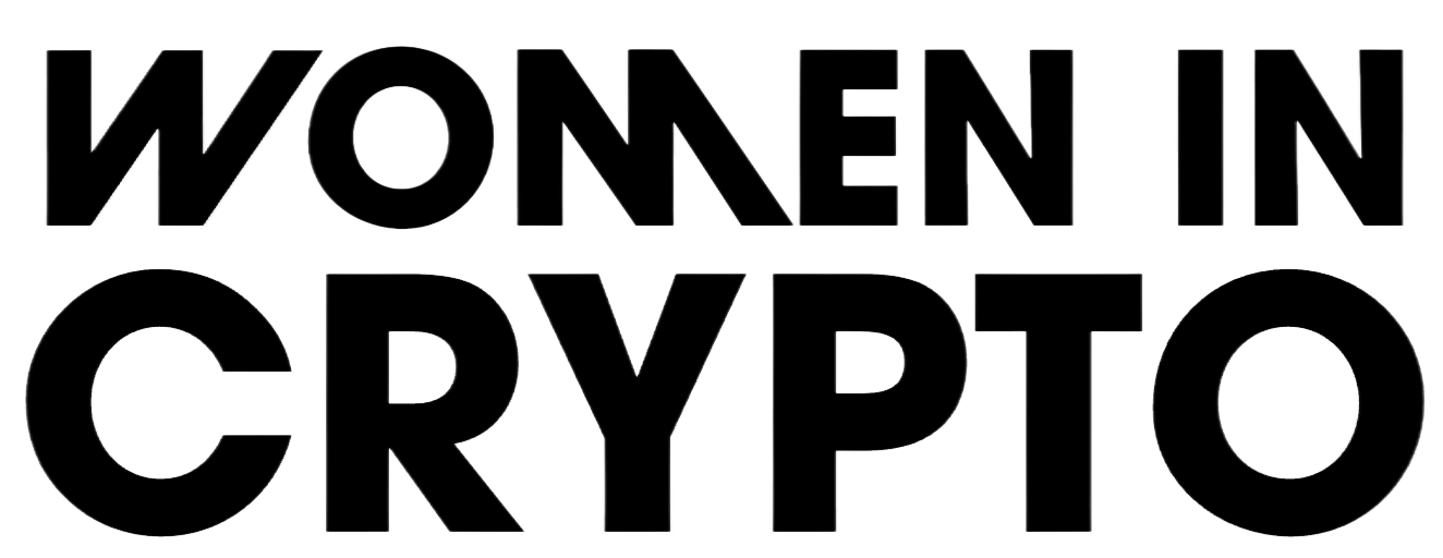 Text image with the phrase "Women in Crypto" in bold, outlined letters on a black background.