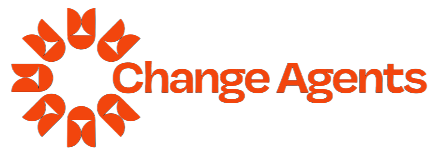 Logo of Change Agents featuring an orange circular pattern of stylized human figures and the words "Change Agents" in bold orange font.