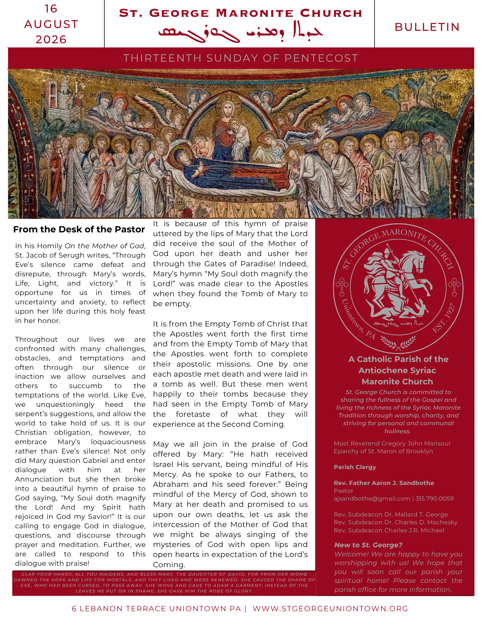 eBulletin | 16 August 2026 | Pentecost XIII