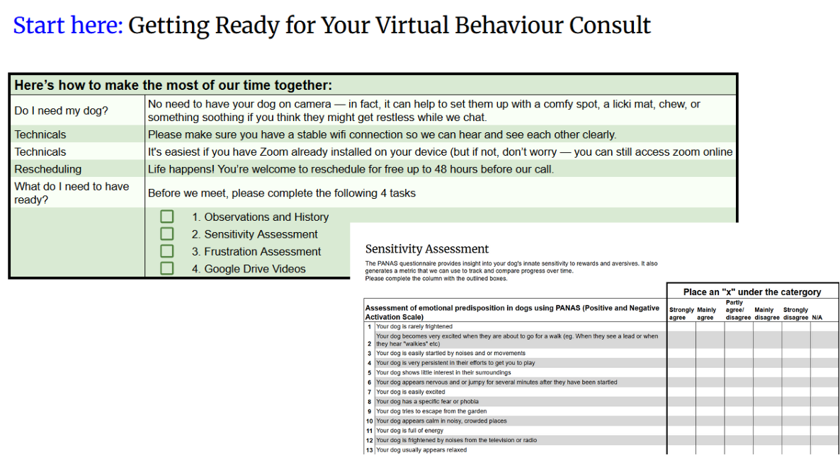 Screenshot of a virtual behavior consult guide with instructions for dog owners, including tech tips, scheduling info, and a sensitivity assessment form for dogs, featuring a list of assessment questions and options to mark.