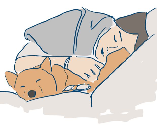 Hand-drawn illustration of a person sleeping next to a dog on a bed, both appearing peaceful and relaxed.