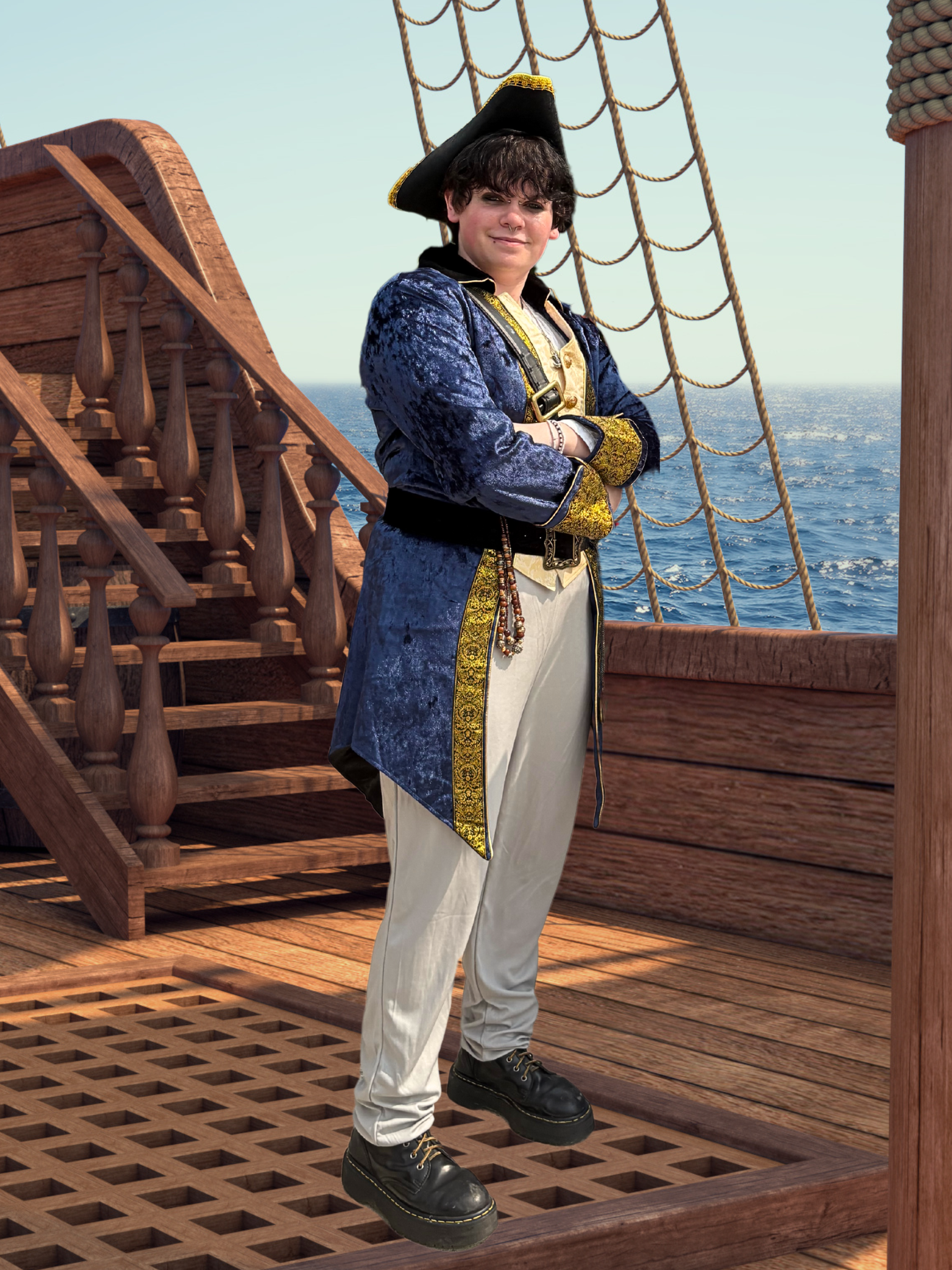Person dressed as a pirate standing on a wooden ship deck with ocean in the background.